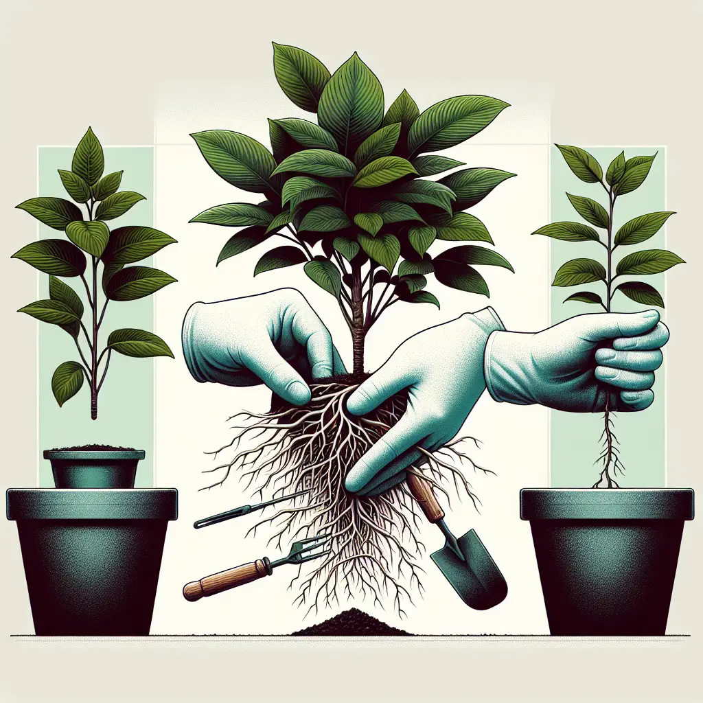 An image showcasing the process of repotting a plant. On the left, there is a lush healthy plant in a small pot. In the middle, a pair of gloved hands expertly remove the plant from its original pot, exposing the root ball. The plant roots are depicted as tangled and packed tightly, a social indicator of the need for repotting. On the right, the same plant is depicted in a larger pot with fresh soil. All of these elements are shown against a simple and clean backdrop, devoid of any text, brand names, logos, or human figures.
