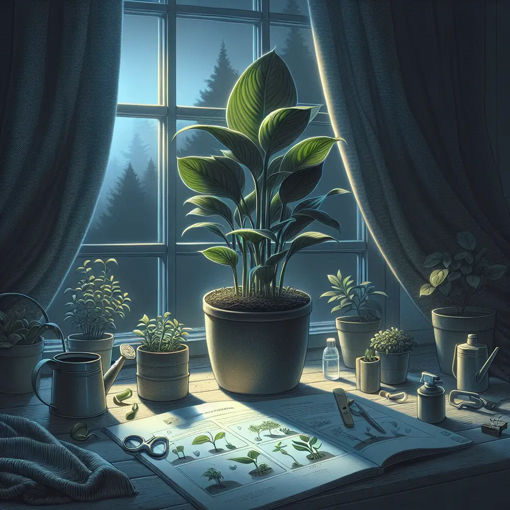 A dimly lit indoor visual scene where a healthy Zamioculcas, commonly known as the ZZ Plant, thrives. The ZZ plant is in a plain, non-branded ceramic pot, situated near a large window draped with light-obstructing curtains. Scattered nearby are some essential plant caring tools, including a watering can, small pair of gardening scissors, and a spray bottle. Close by, there's an open book that visually shows the stages of nurturing a ZZ plant, with hand-drawn illustrations but with no visible text or logos.