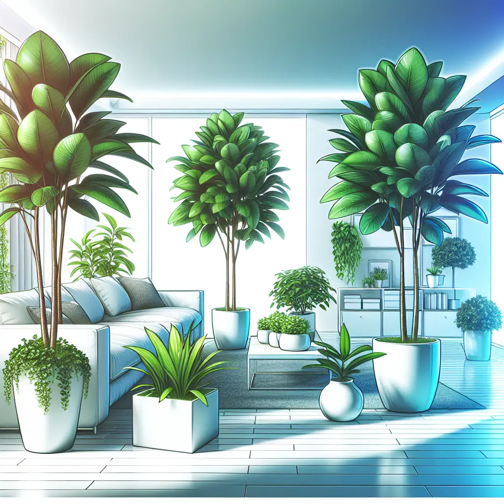 A vivid illustration showcasing several potted rubber plants of varying sizes placed around a clean, modern, unoccupied living room. The room has a fresh, bright vibe with natural light streaming in through large windows. The rubber plants have vibrant, lush leaves that are healthy and strong. The room is devoid of people, text, logos, and brand names, promoting a sense of serenity. The air around the plants seems slightly shimmering, symbolizing the improved indoor air quality.