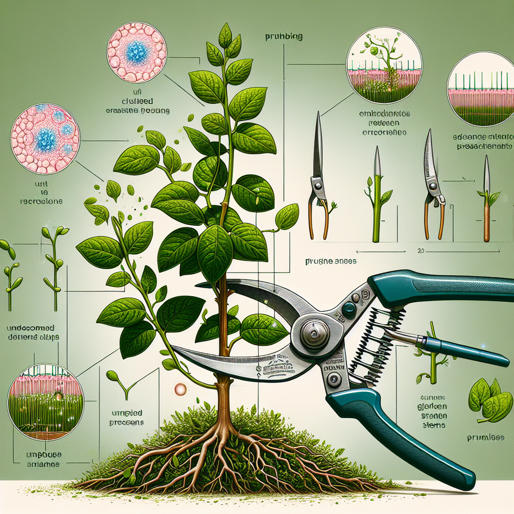 An informative illustration representing the science of pruning. The image shows a close-up of a lush, green plant being pruned by a pair of undecorated, metal garden shears without a brand. Around the plant, small, transparent illustrations of different cellular processes are occurring, indicating the plant's reaction to the pruning. On the sides, there are diagrammatic representations of uncut plant stems and pruned plant stems showing the internal differences. Note that no people, text or brand names are to be included within the image. The overall tone of the image is educational and clear.