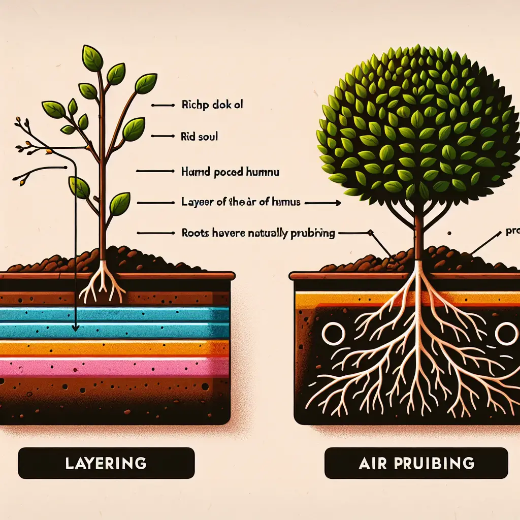 A digital illustration showing the principles of layering and air pruning, appropriate for an gardening article. On one side, depict layering with colored lines representing different layers within a soil, perhaps a rich dark soil on top, a layer of lighter brown humus beneath it, and deeper layers of hard-packed earth below. On the other side, visualize air pruning with a plant's roots growing in a container with holes, where, reaching the air through the holes, the roots are naturally pruned. No brands, human figures or text of any kind should be in the image.