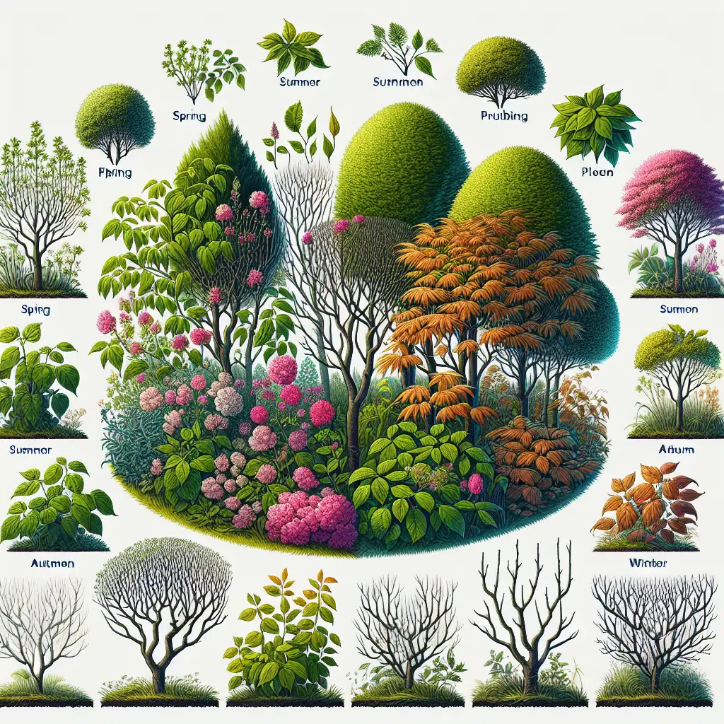 A detailed depiction of a healthy verdant garden showcasing various plants in different seasons. Focus on variations in lushness, color and size, demonstrating growth after pruning. In spring, picture blooming flowers and small leaves on pruned branches. In summer, visualize larger, healthier leaf collections due to spring pruning. Autumn should show richly colored foliage prepared for winter. Winter scene captures barren branches ready for new growth. No text, brands, logos, or people are included. The image aligns with the notion of time and its effects on plant life, representing the title 'Timing is Everything: Seasonal Pruning Guidelines'.