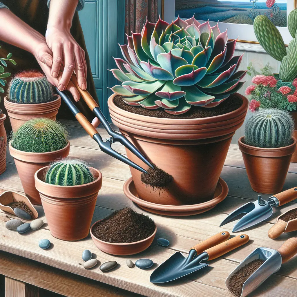 A detailed, realistic painting of an indoor gardening scenario. In the center is a healthy, robust succulent plant sitting inside a temporarily vacant clay pot, with raw, rich soil visible. Nearby, another pot holds a lush cactus being carefully moved with firm, metal gardening tongs to a freshly cleaned terracotta pot with new soil. Tools are on a wooden table along with a scoop, gloves and pebbles. The background presents pastel shades of a peaceful domestic atmosphere without any human presence or any text.