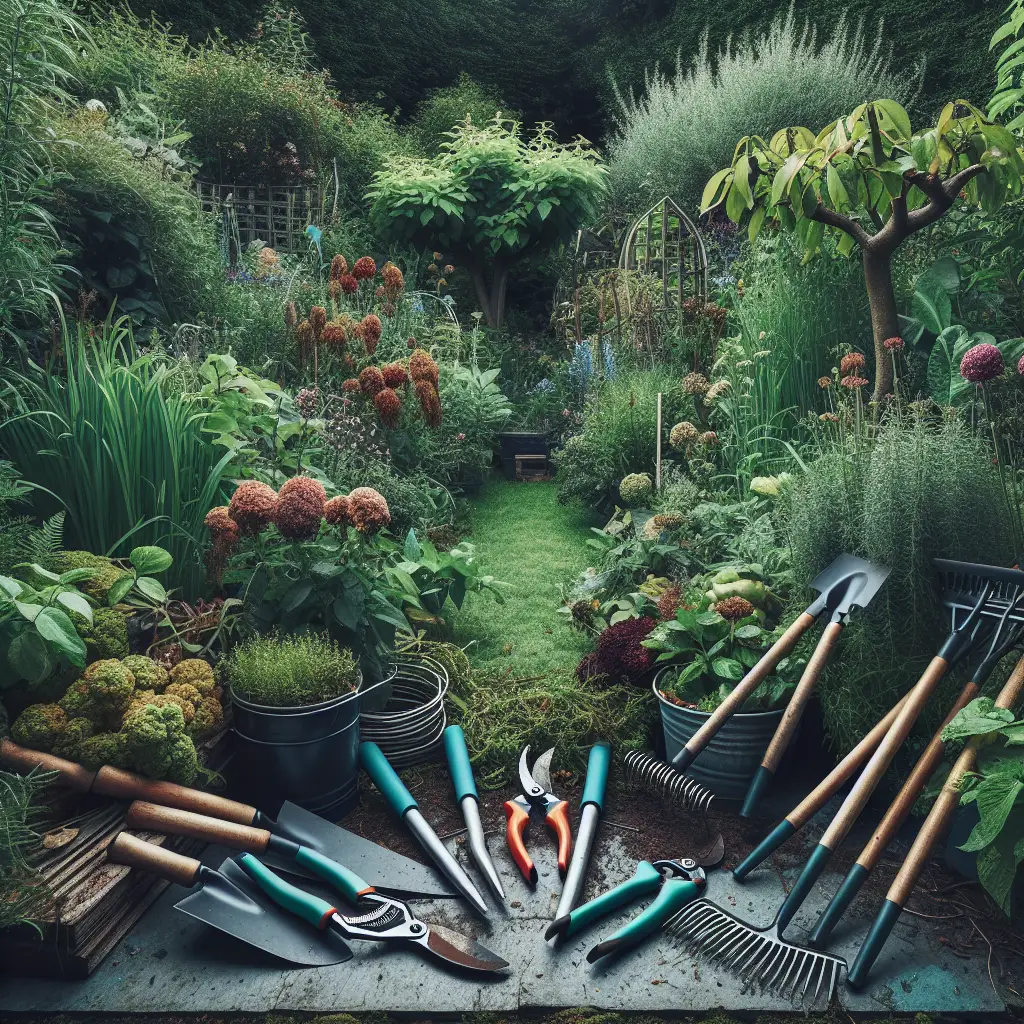 An overgrown garden with a variety of neglected plants, which have grown unruly due to lack of care. Some of the plants are showing signs of disease or pests. A range of gardening tools is laid out beside the garden, including pruners, a rake, and a spade. They point to the possibility of a large-scale pruning job to bring the garden back to its former glory. The mood is both of impending work and potential renewal.