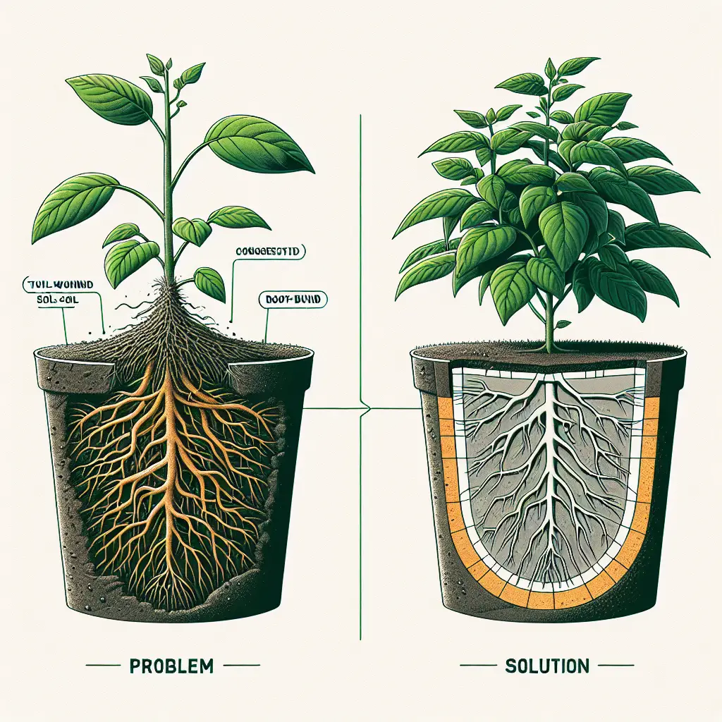 An illustrative image depicting the intersection of horticultural science and care. On the left, an uprooted plant reveals tightly wound, congestive roots in a visual representation of being root-bound. Adjacent to this, on the right, a cross-sectional view of a well-composted soil-filled pot hosts a plant flourishing with roomy, spread-out roots. The contrasting images are designed to visually convey the problem and its solution, devoid of any text, brand names, logos or human presence.