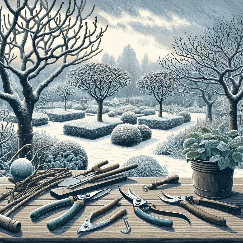 A detailed illustration of mid-winter showing a serene garden featuring an assortment of deciduous plants. The plants appear in various stages of winter pruning, showcasing their leafless branches shaped by thoughtful cuts. It's a cloudy, frosty day, and the garden is blanketed in a layer of light snow, emphasizing the dormant state of the garden. Nearby, garden tools like pruning shears, a hand saw and loppers are carefully laid on a wooden table, indicating their recent use for winter pruning. No people, text, or brand logos are present in the image.