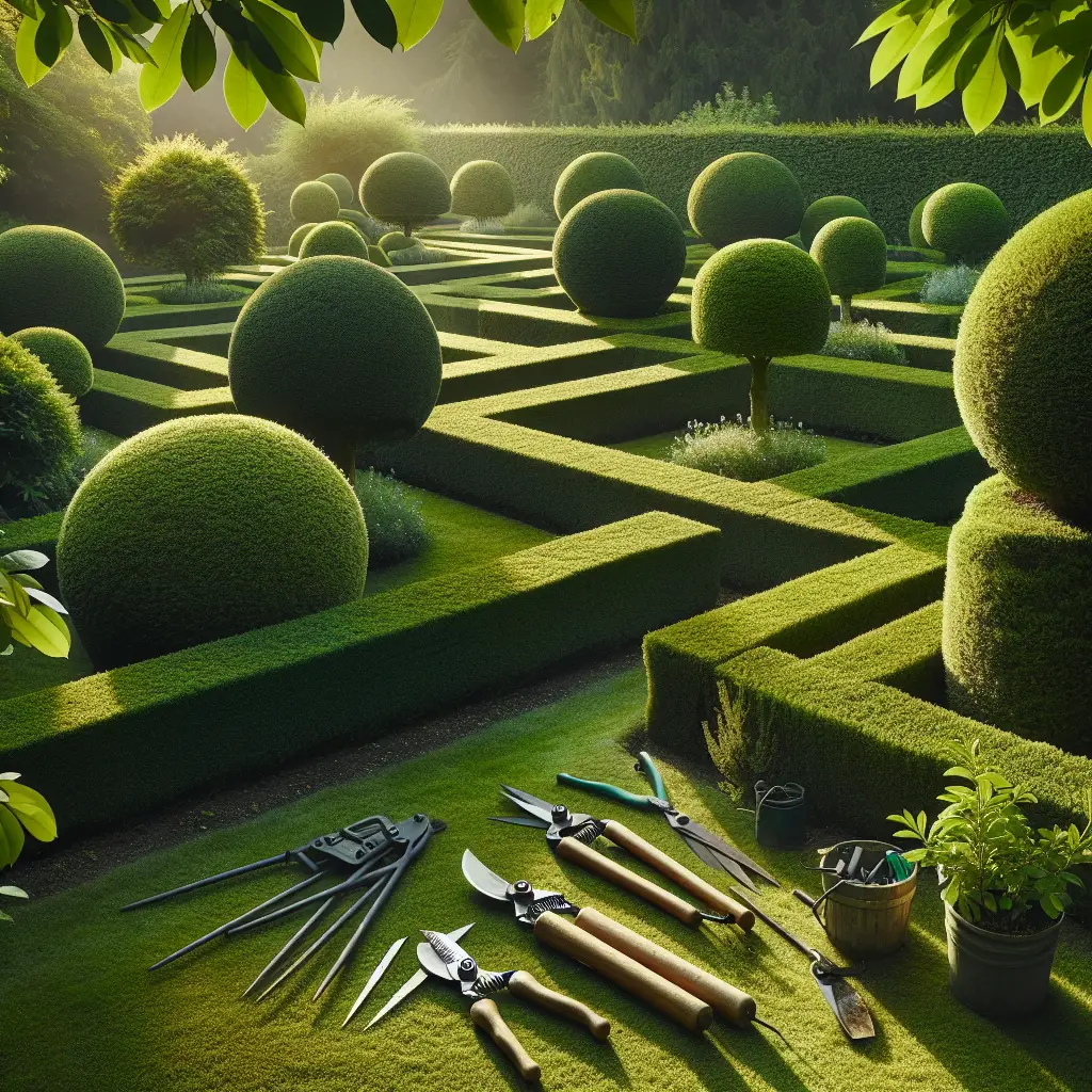 A lush garden scene showcasing beautifully manicured hedges of diverse shapes and sizes, orchestrated to demonstrate the art of formal pruning. The centerpiece is a precise geometric hedge, exhibiting refined angles and clean lines, a testament to careful grooming and regular maintenance. Scattered gardening tools - a shears, a pruner, and a hedge trimmer - rest nearby, none bearing a recognizable logo or brand. The sun casts gentle shadows, indicating early morning hours that are ideal for gardening work.