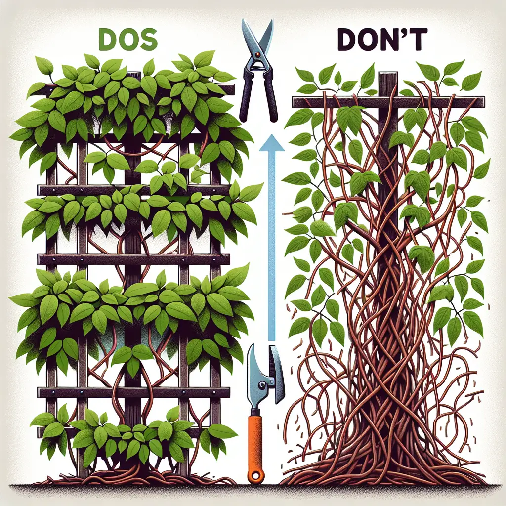 An illustration representing the concept of pruning climbing plants, without any textual elements. The image should depict a set of well-maintained, green climbing plants on a trellis, showcasing 'Dos' on one side: plants neatly pruned, healthy with bright green leaves and adequate distance between stems. On the opposing side, demonstrate 'Don'ts' with overgrown, tangled stems and brown leaves indicating improper care. Both sides are separated by garden shears in the middle. There are no people, brand names or logos present in the image.