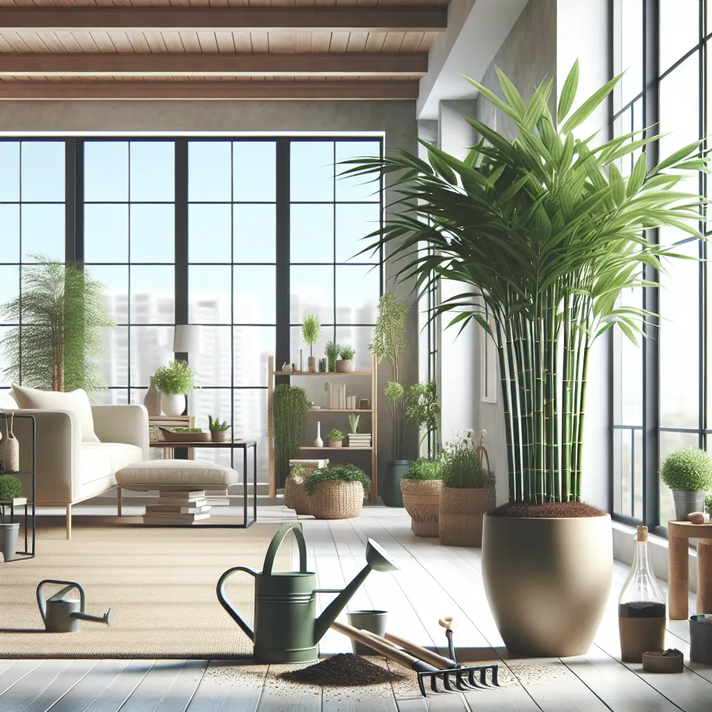 An image capturing the essence of tending to a lush green bamboo palm. The plant should be placed in a neutral-colored pot, against a backdrop of a well-lit, modern home interior with large airy windows, allowing sunlight to penetrate. Nearby, there are gardening tools like a watering can, soil, and plant nutrients. The room also features other elements, like a comfy sofa and soft rugs, contributing towards a soothing ambience. Ensure that there are no people, brand names, logos, or text in the scene.
