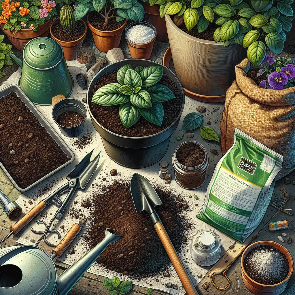 An image depicting the process of repotting plants, with an emphasis on soil and fertilization. The scene shows a variety of garden tools, such as a small shovel and a watering can, lying next to a pot filled with fresh, rich soil. A bag of fertilizer is also visible, opened and ready for use. The focal point is a vibrant green plant waiting to be repotted. The soil texture, color variation, and the grainy texture of the fertilizer are vividly illustrated. Please note, there are no people, brand names, or logos in the image.