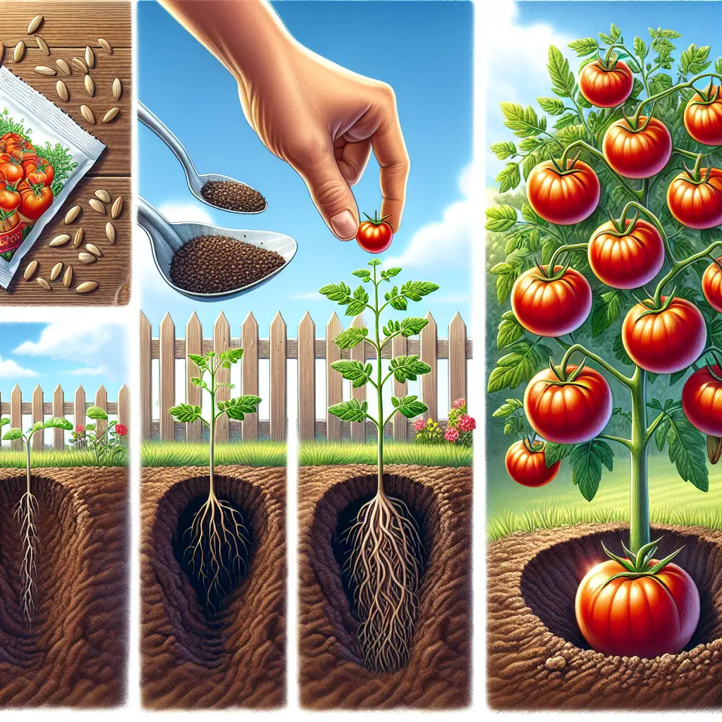 A detailed image depicting the process of growing tomatoes without the presence of human beings. First, perhaps a packet of tomato seeds laid beside a small, freshly dug hole in rich brown earth. Second, the transformation of a small sprout emerging from the soil into a growing plant. Third, a tomato plant adorned with ripe, red tomatoes, ready for picking. Ensure there are no visible text, brand names, or people. An overarching theme of organic gardening should be prominent, along with a sunny, outdoor setting, perhaps against the backdrop of a quaint garden fence.