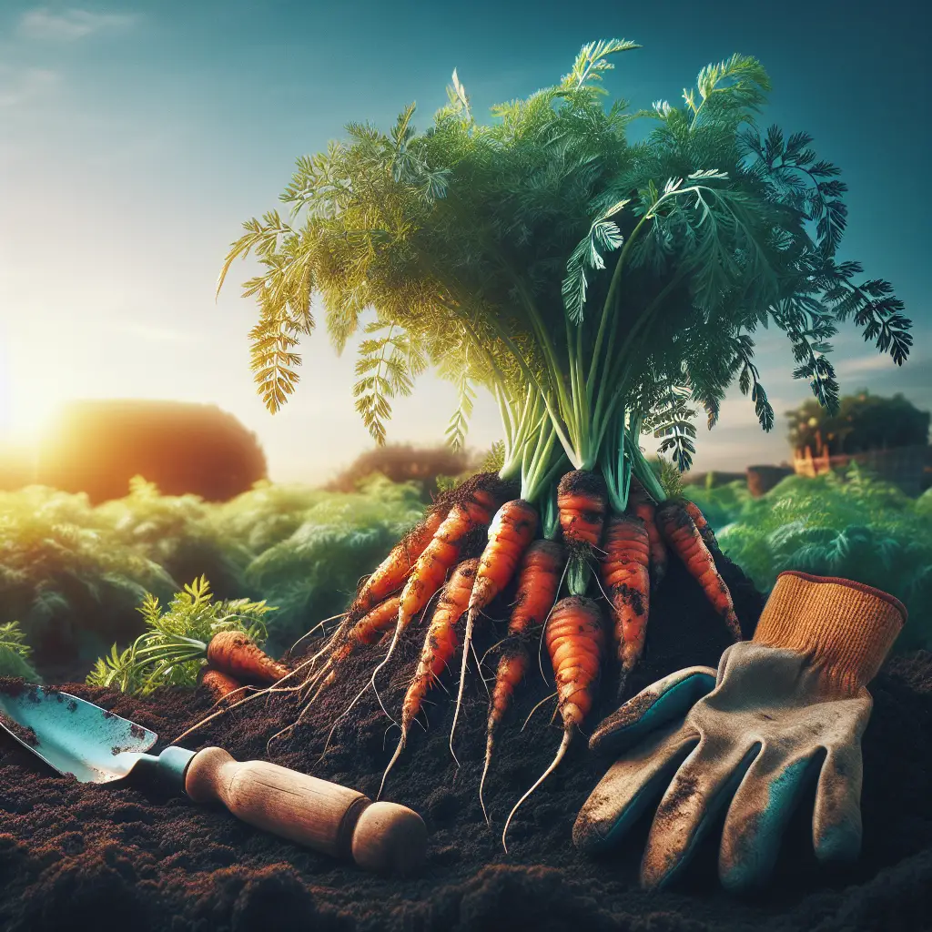 A visually captivating shot of a fertile vegetable garden brimming with the radiance of healthy carrot plants. The plump, orange roots peek slightly from the dark loamy soil suggesting a bountiful harvest. The carrot leaves sprout vibrantly, adding a lush green contrast to the orange hues. A pair of well-used, generic, unbranded gardening gloves lie on the edge of the garden, alongside an unbranded, rustic wooden trowel. The soothing azure sky above supplements the landscape with gentle sunlight illuminating the garden. The image exudes ambiance of resilience, hard work, and patience as essentials for a successful gardening journey.