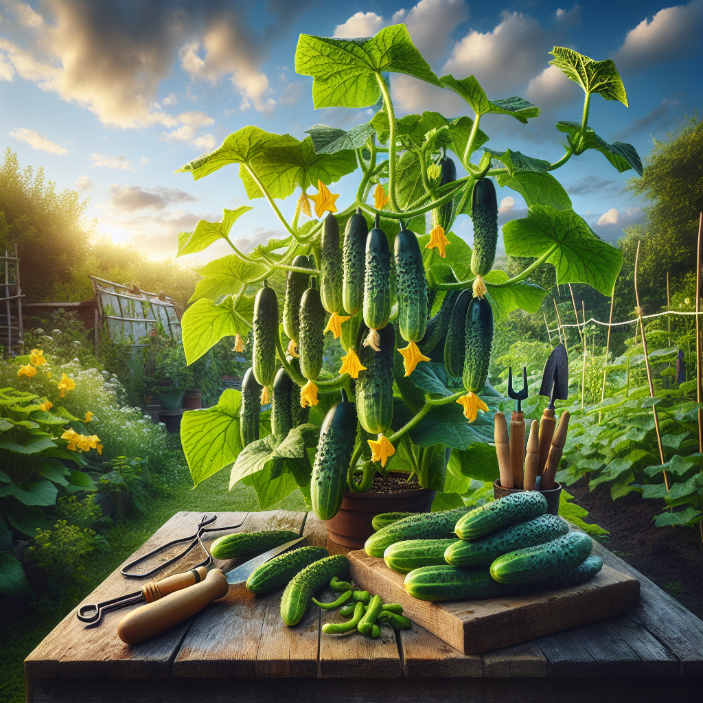 A lush backyard garden under a blue sky with soft white clouds. In the center, cucumber plants with wide, dark green glossy leaves and yellow blossoms take the spotlight, the tendrils curling up wooden stakes drenched in the early morning dew. A handful of vibrant green, crisp cucumbers of varying sizes hang from the vine, displaying the results of good gardening practices. Nestled among the plants is a simple toolset featuring a hand-trowel and pruners, suggesting recent gardening activity. Note: Ensure no people, text or branding are in the image.