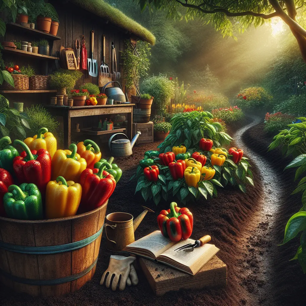 A lush garden filled with vibrant red, yellow, and green bell peppers. They are healthy and dew-kissed, sitting in rich composted soil bathed in warm, filtering sunlight. Meandering garden pathways let the eyes travel towards a rustic wooden garden shed stocked with essential gardening tools: a watering can, gloves, pruning shears, and a spade. In the background, an open gardening book and a ceramic cup of tea sit atop a weathered wooden table, suggesting tranquility and a relaxed atmosphere. The whole scene exudes a sense of hard-earned success and the satisfying rewards of patient bell pepper gardening without any presence of people, brand names or text.