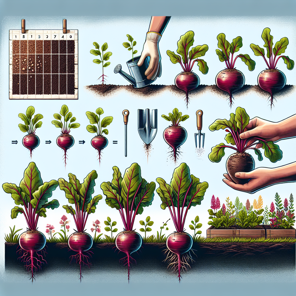 Illustrate an array of visuals representing the stages of nurturing beetroot for a high yield. Start with a well-cultivated patch of soil with beetroot seeds sprinkled across the surface. Next, depict growing beetroot seedlings under the sunlight. Subsequently, represent a garden with fully grown beetroot plants showing healthy leaves. The beetroot's taproots slightly visible from the soil indicate their readiness for harvest. Incorporate elements such as a watering can, organic fertilizer, and mulch nearby to showcase ideal nurturing conditions. Lastly, depict hand tools like a trowel or gardening gloves. Ensure no text, brand names, logos, or people in the image.