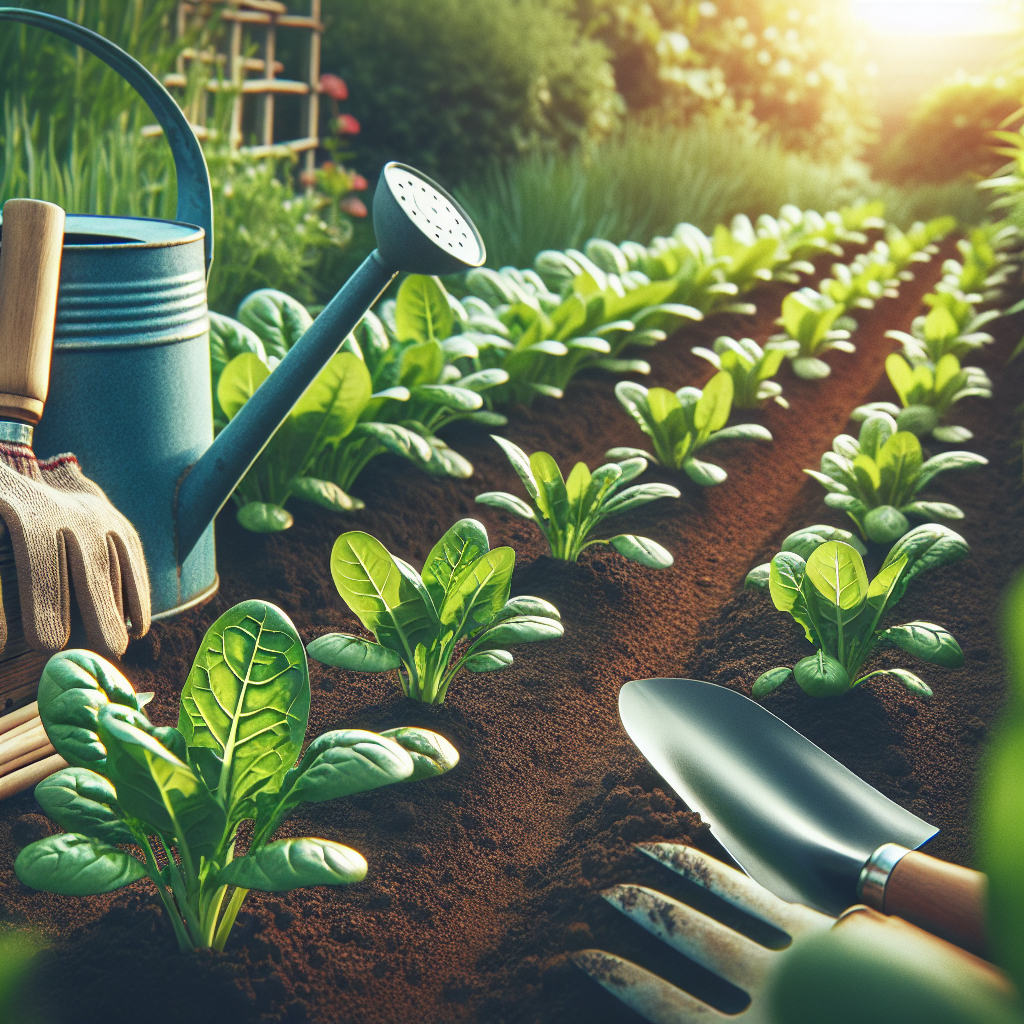 Create an image depicting the cultivation of leafy spinach in a flourishing garden. The scene should be serene and peaceful, with rows of spinach leaves sowing in the fertile soil under the soft sunlight. Essential gardening tools such as a watering can, a trowel, and a pair of gardening gloves should be placed nearby. Ensure that everything present in the image - the garden, tools, and the foliage - is generic and does not include any text, brand names, logos or representations of people.