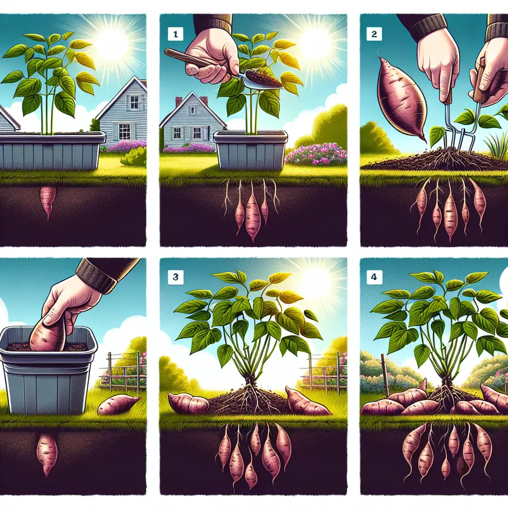 An image depicting the process of cultivating sweet potatoes in a home garden. The image outlines four steps: The first shows a planting container filled with moist soil and some sweet potato slips. The second visualizes the growth of the slips with lush leaves. The third demonstrates the vigorous development of tubers beneath the soil. Finally, the last step portrays the satisfied harvesting of mature sweet potatoes. The background consists of a sun-soaked home garden illustrating an amateur gardener's haven. The image is generated keeping in mind the absence of humans, text, brand names, or logos.
