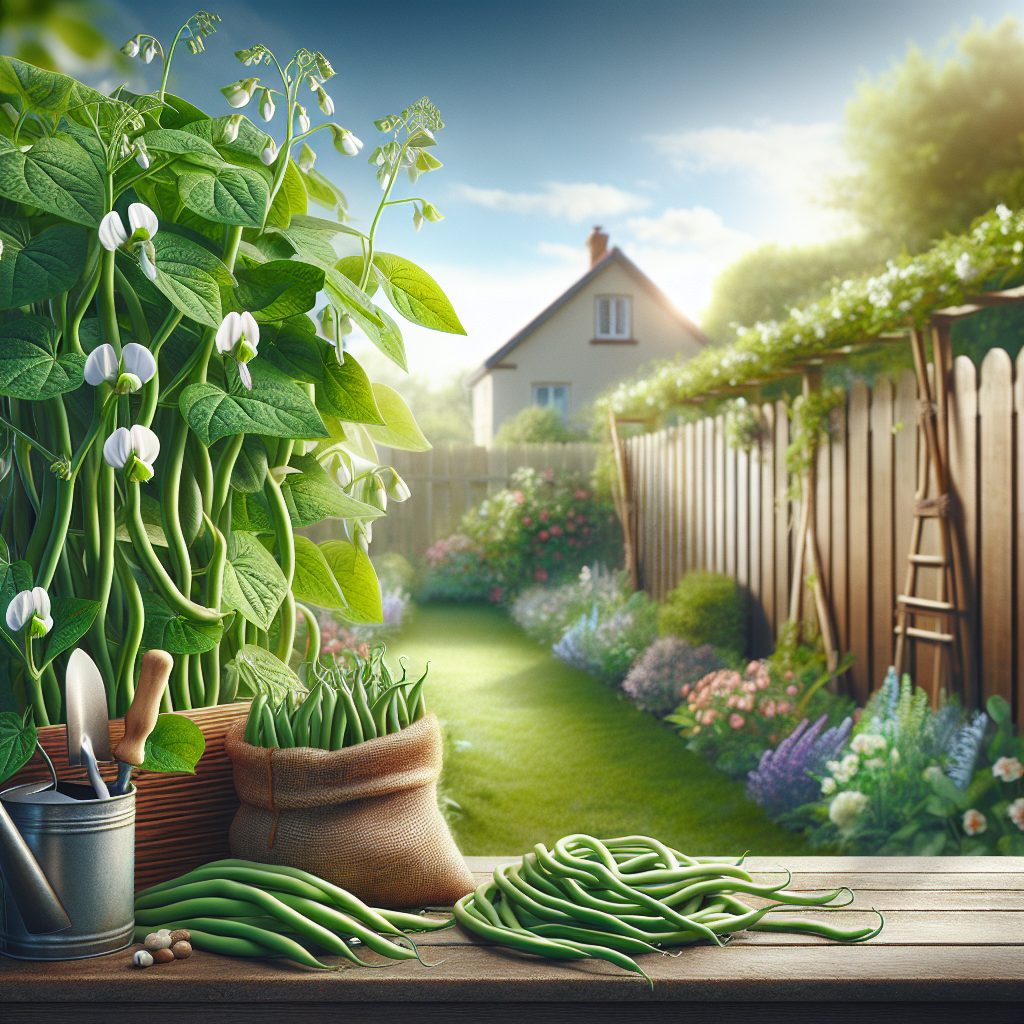 An image presenting a serene backyard scene where luscious green bean plants are thriving. The focus is on the plants themselves, highlighting their vibrant green leaves, delicate white flowers, and string of healthy, crunchy green beans growing. The background should emphasize the domesticity of the scenario, featuring a wooden fence and a well-tended garden path, but no buildings. To demonstrate the gardening process, include gardening tools like a trowel and watering can, as well as a bag of generic, unbranded organic fertilizer. The clear sky indicates a bright sunny day, which conveys a successful growing environment.