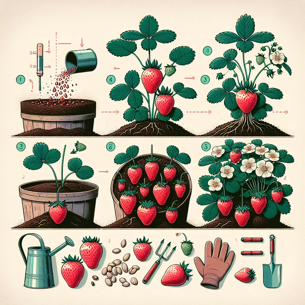 An informative visual guide showcasing the process of growing strawberries. The scene starts with seeds kept on rich, well-drained soil in containers. In the next scene, the strawberry shoots emerge, turning to plants with green leaves and delicate blooming flowers. As they mature, fruits develop into small green berries, growing and ripening into juicy, red strawberries. Scattered around are tools needed for gardening: a watering can, a small hand trowel, and gloves. All these without the presence of any human figures, without any text, brand names, or logos on items in the image.