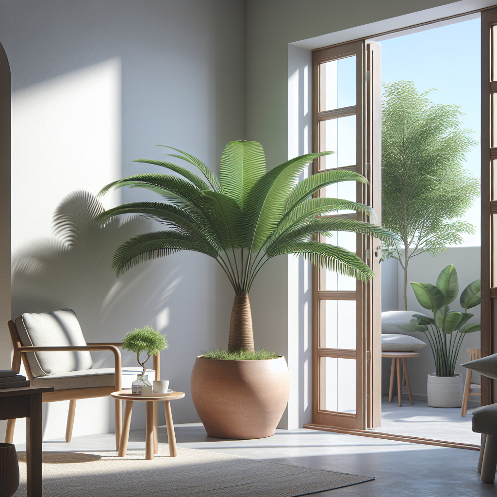 A lush, verdant lady palm planted in a plain terracotta pot placed in the corner of a well-lighted room. The room has minimalist white walls and is furnished with a simple wooden table and a comfy chair. Some open windows let in fresh air and natural sunlight, illuminating the room in a gentle glow. The clear blue sky visible through the windows adds a touch of serene beauty to the setting. The primary focus of the image should be on the lady palm, a symbol of indoor air purity.