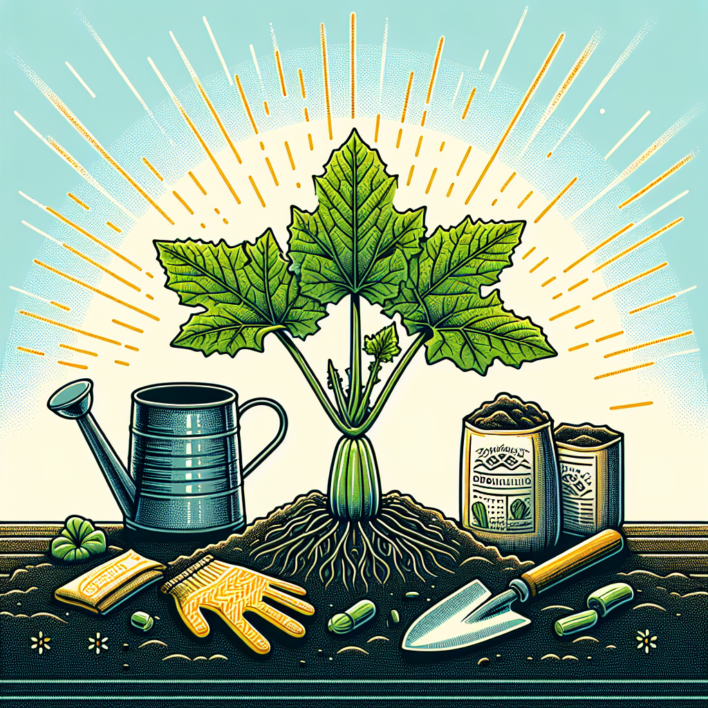 Illustrate an image that signifies planting and caring for zucchini for beginners without including any text or human figures, suitable for an article. The image should predominantly feature a zucchini plant in a healthy state ensconced in nutrient-rich soil, with supplementary components such as a watering can, a pair of gardening gloves, and organic fertilizer nearby to symbolize the caring aspect. Patterns of sun rays can be subtly seen beaming down, hinting at the necessity of adequate sunlight. Ensure no brand names or logos are present within the image.