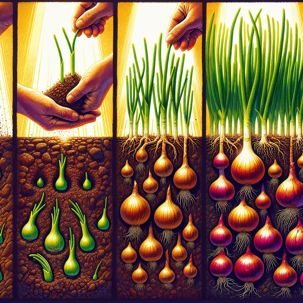 A vivid illustration showing the process of onion cultivation for a bountiful yield. The top left of the image displays the initial stage, where onion bulbs are planted in rich, damp soil. Below that, the sprouting stage is shown with tiny green shoots emerging from the soil. Progressing to the right, the growing stage portrays taller, denser, onion plants basking in sunlight. Lastly, on the top right, fully mature onions are delicately pulled from the ground, showcasing their bright, shiny skins. The overall image radiates with the warmth of sunlight and earth tones, embodying the natural beauty and efforts of gardening.