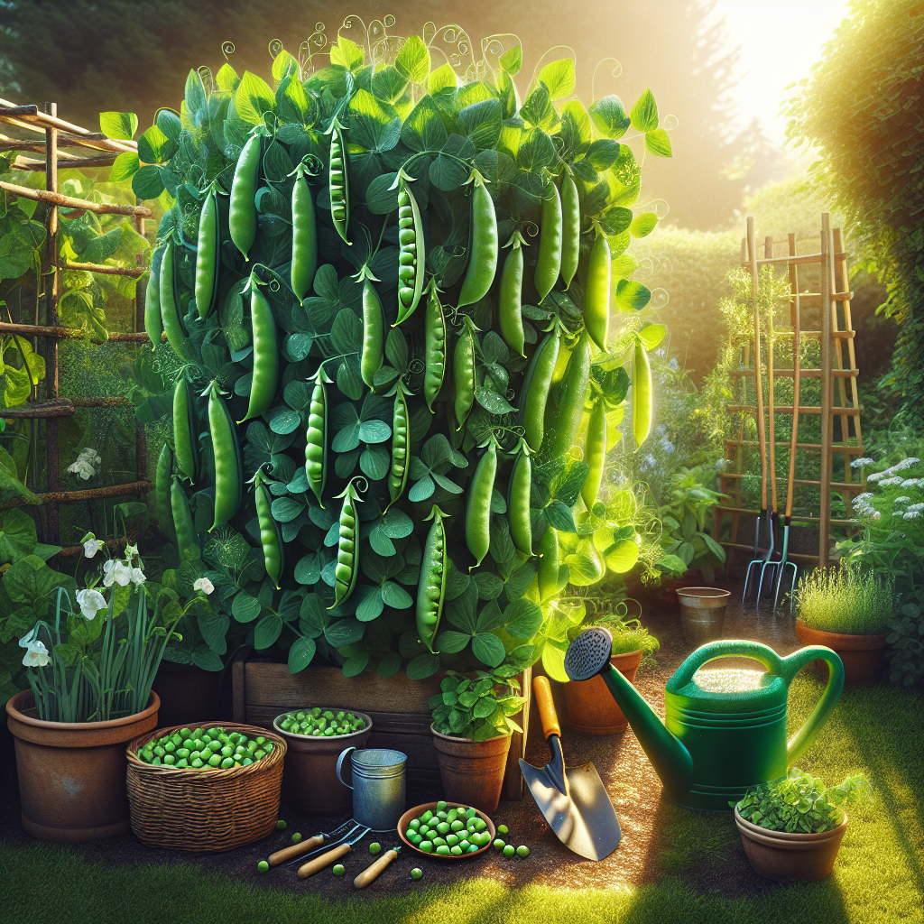 A lush garden scene showcasing a large, healthy and thriving pea plant. The vibrant green pea plant is heavy with multiple pods that are bursting with peas inside, indicating an abundant harvest. There are gardening tools carefully placed nearby, like a watering can and a hoe, hinting at the hard work behind this successful cultivation. The sun is shining on the plant, illuminating it while drops of water glisten on its leaves, indicating good watering practices. In the background, a carefully designed trellis can be seen, used as support for the pea plant's growth.