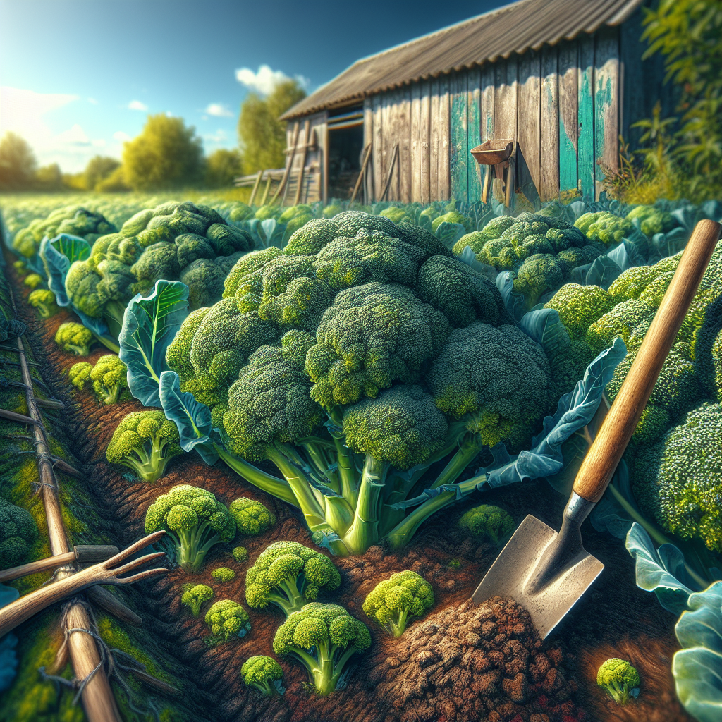 Visualize an open field of lush, healthy broccoli plants thriving under a bright sun. The broccoli heads are full and dark green, signifying their readiness for harvest. Close-up of the broccoli baring tiny flower buds, a sign of its peak ripeness. A garden trowel is seen partially buried in a mound of rich, moist soil near a plant. Near the field, there's a traditional weathered wooden garden shed with a hoe and a watering can placed alongside it, reflecting the nurturing care given to the crop. The image is vivid, filled with the life and vibrancy of a successful garden but devoid of any text, logos, or human presence.