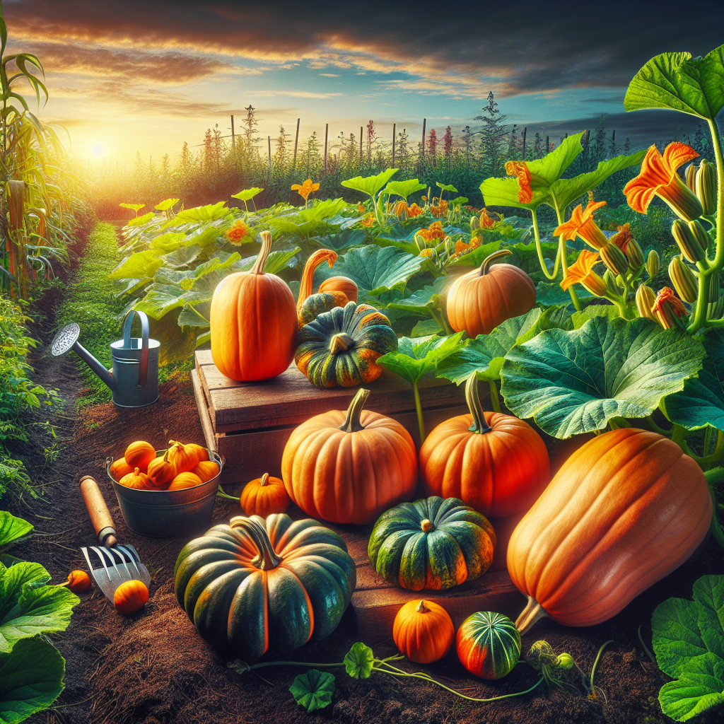 A delightful image capturing the essence of plump pumpkins growing in a lush garden. Signifying the epitome of pumpkin growth, the plot is abundant with various stages of pumpkin maturation, right from the flowering buds to the fully grown, vibrant orange pumpkins. The pumpkins, deeply textured and overfilled, rest amidst the vibrant green vegetation. The garden, situated under a sky painted with hues of a setting sun, is free of people, logos, brand names or text. Also highlighted are farming tools like a watering can and hoe, resting nearby on the nutrient-rich soil.