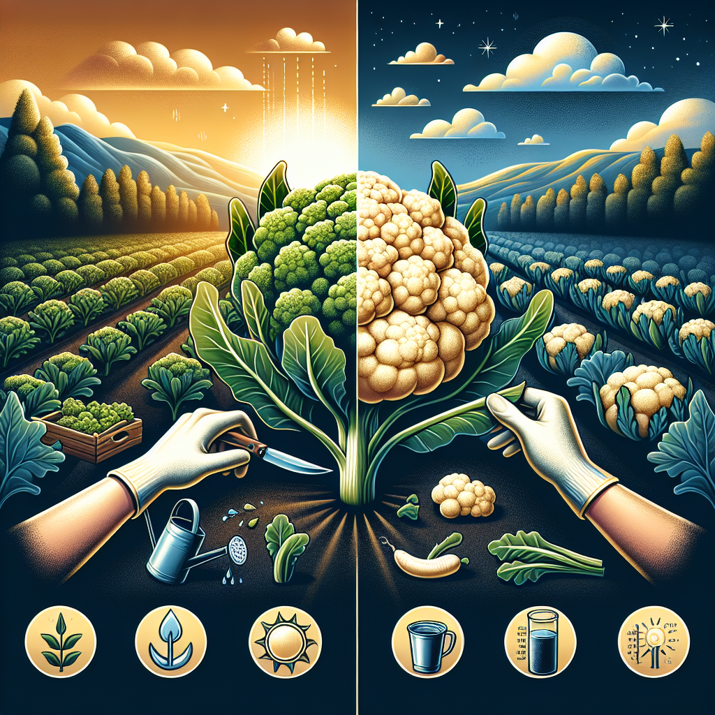 An illustrative guide to growing and harvesting cauliflowers. Imagine a garden scene divided into two halves against a stunning evening backdrop. On the left, depict a vibrant cauliflower plant with leafy green stalks and a large, cream-colored head at its optimum growth stage, showing the ideal time for harvest. Small descriptive icons like watering can, sunlight, and ideal temperature floating nearby symbolize the care needs. On the right, show a clean pair of hands wearing gloves, gently harvesting the cauliflower, cutting it at the stalk, ensuring not to damage the vegetable. All this with no text or brand logos involved.