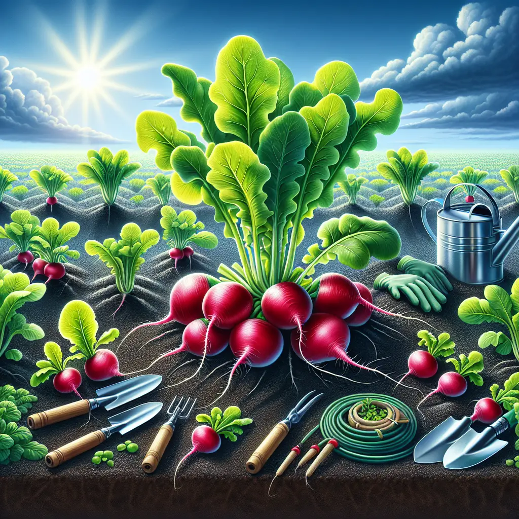 A vibrant imagery depicting a flourishing radish garden. In the foreground, there are multiple fully developed radishes nestled within the dark, fertile soil. From each radish, beautifully leafy green tops sprout, radiating vitality. Near the garden, there's an array of gardening tools like trowels, hose, watering can, and gloves placed neatly, ready for use. The background is a serene blue sky with the sun shining bright, symbolizing the ideal conditions for fast radish growth. There are no people, text, brand names, or logos in the scene.
