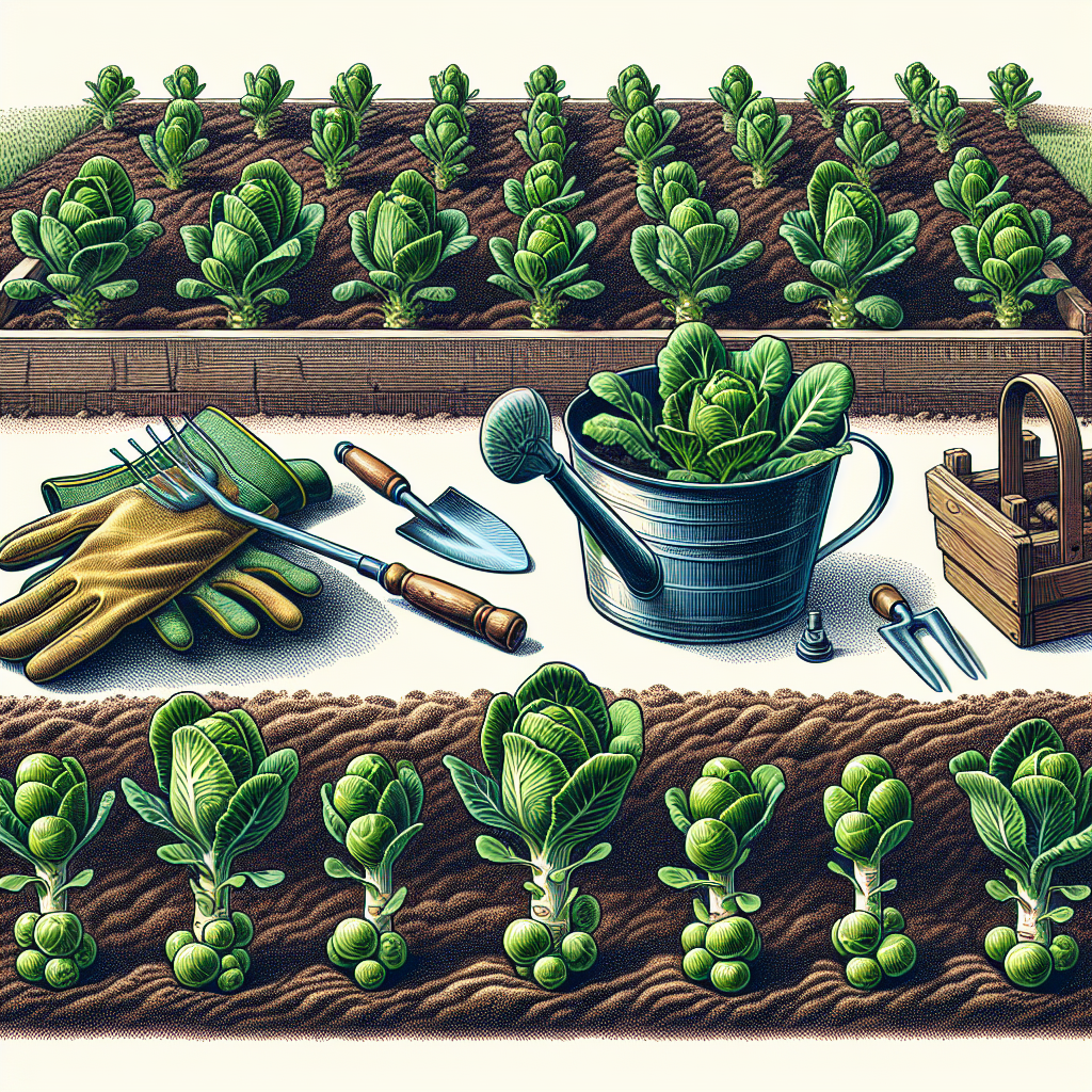 A detailed illustration showing the process of cultivating Brussels sprouts in a home garden. The image includes a garden plot of rich, fertile soil with rows of young Brussels sprout plants. Tools like a watering can, gloves, and a small trowel are neatly arranged nearby. Each plant is shown with a healthy, thick stalk and vibrant, leafy greens. Some plants have noticeable small, round Brussels sprouts developing along the stalk. No people, text, or brand names are visible anywhere in the scene.