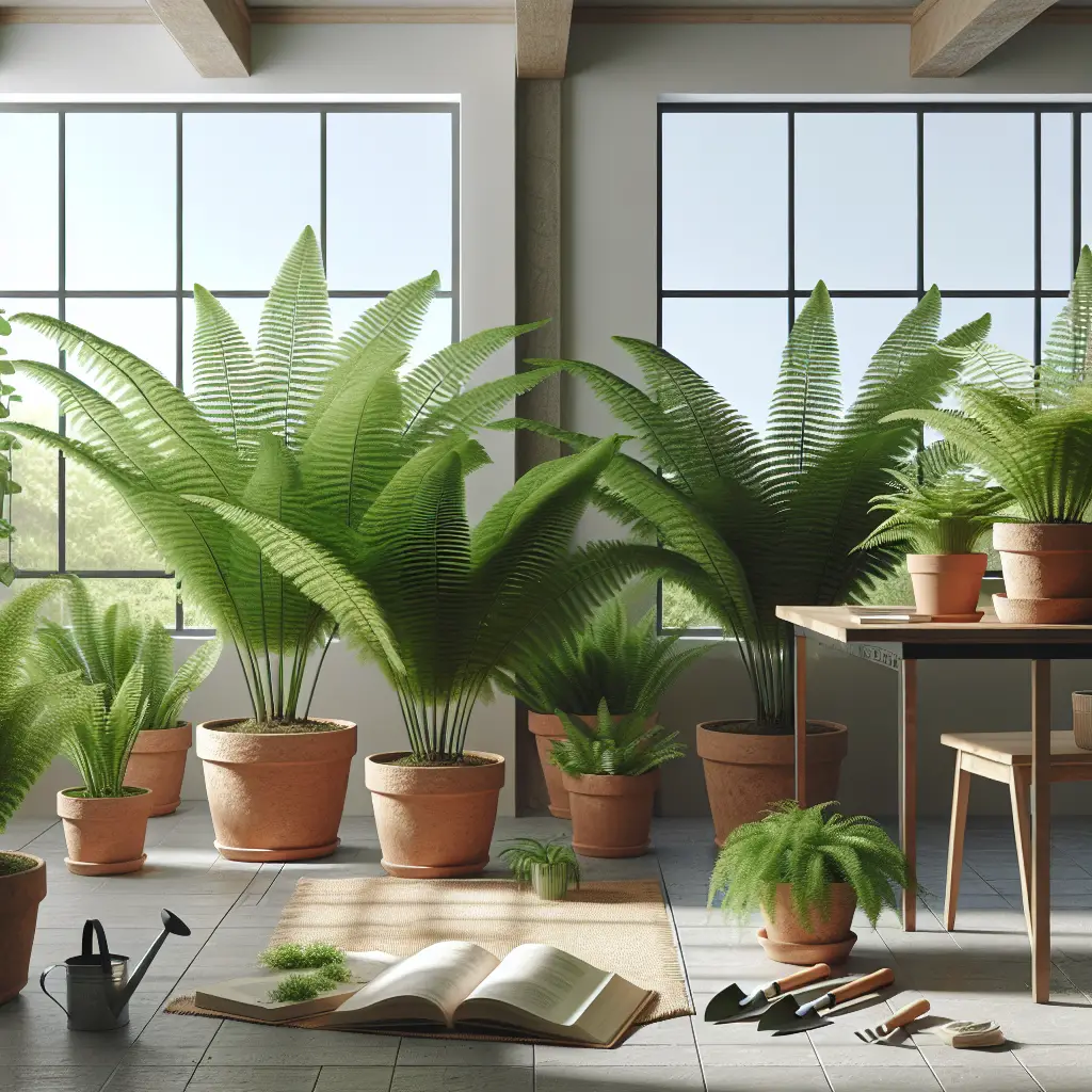 An image showing several mature Kimberly Queen Fern plants neatly arranged in unbranded terracotta pots inside a minimalistic designed room with large, clear windows, allowing ample sunlight to bathe the room. The lush green leaves of the ferns are fresh and full, indicating they have been well looked after. An open book on indoor gardening lies on a wooden table nearby along with some essential gardening tools like a watering can, a pair of gardening gloves, and a trowel. The room has a rich, green, healthy look, and it's easy to imagine the natural air purification going on.