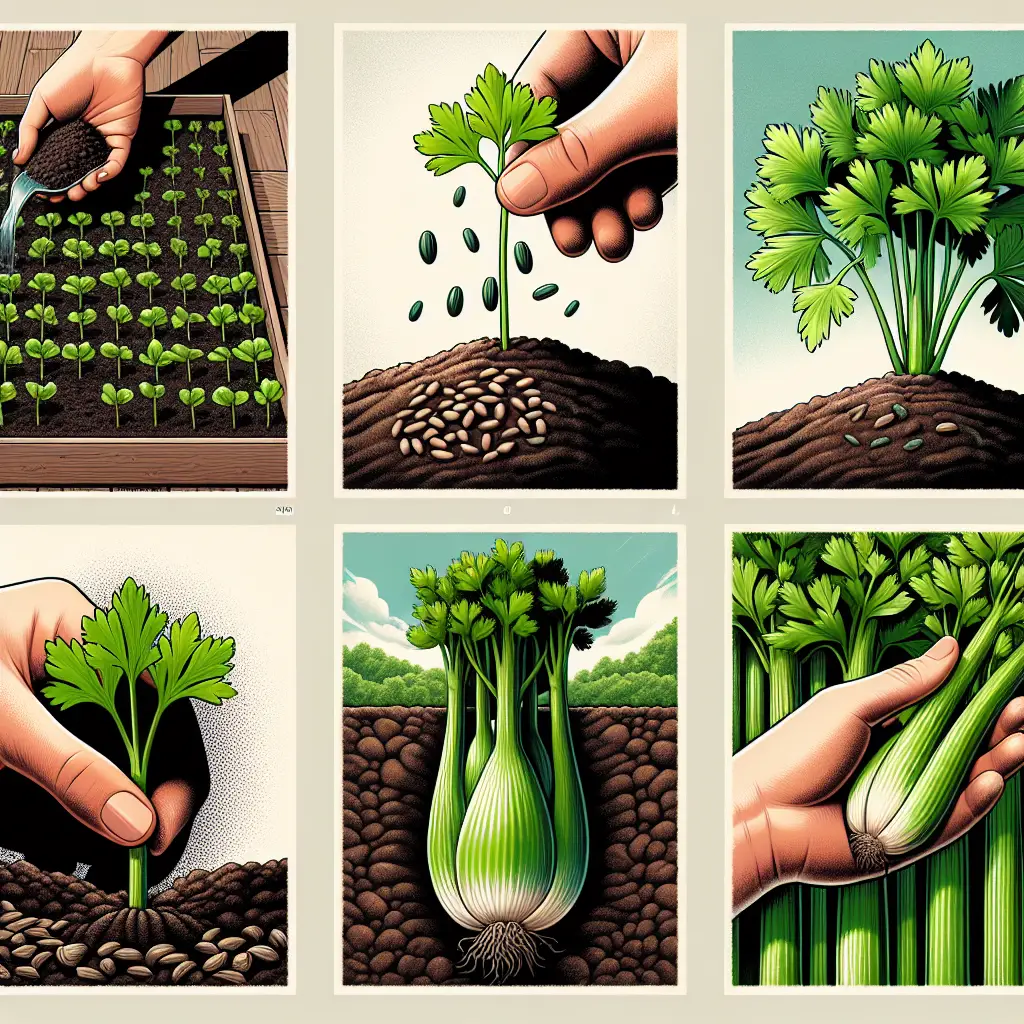 Create a visually appealing collage showing the process of growing celery. Start with a prepared soil bed on a sunny day. Introduce celery seeds being sown followed by a close-up of a seedling pushing through the soil. Showcase the growth stages of celery, culminating in mature plants with strong stalks and vibrant green leaves. Finish the scene with freshly harvested celery, detailed enough to emphasize its crunchiness. Please avoid including people, brand names, logos, and any texts in this image.