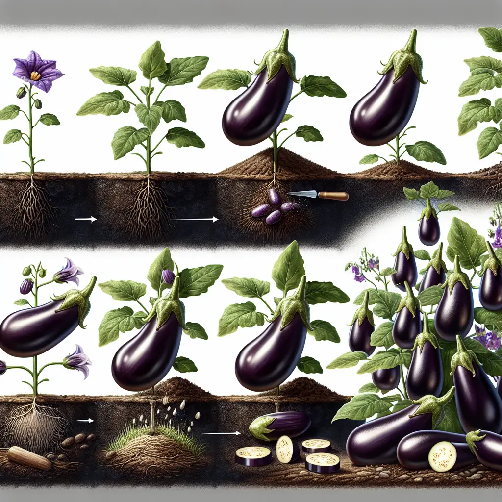 An image displaying the step-by-step process of planting and nurturing eggplants to achieve the best yield. The scene starts with a well-prepared garden patch with dark, rich soil. Next, show small sprouts of eggplants emerging from the soil, followed by young eggplant plants with small, purple flowers. A section should be dedicated to the process of trimming and pruning the plants for optimal growth. Finally, there should be a display of flourishing eggplants with deep purple skin shining under the sun, indicating a successful yield. All elements are realistic and detailed, devoid of any human presence, text or brand logos.