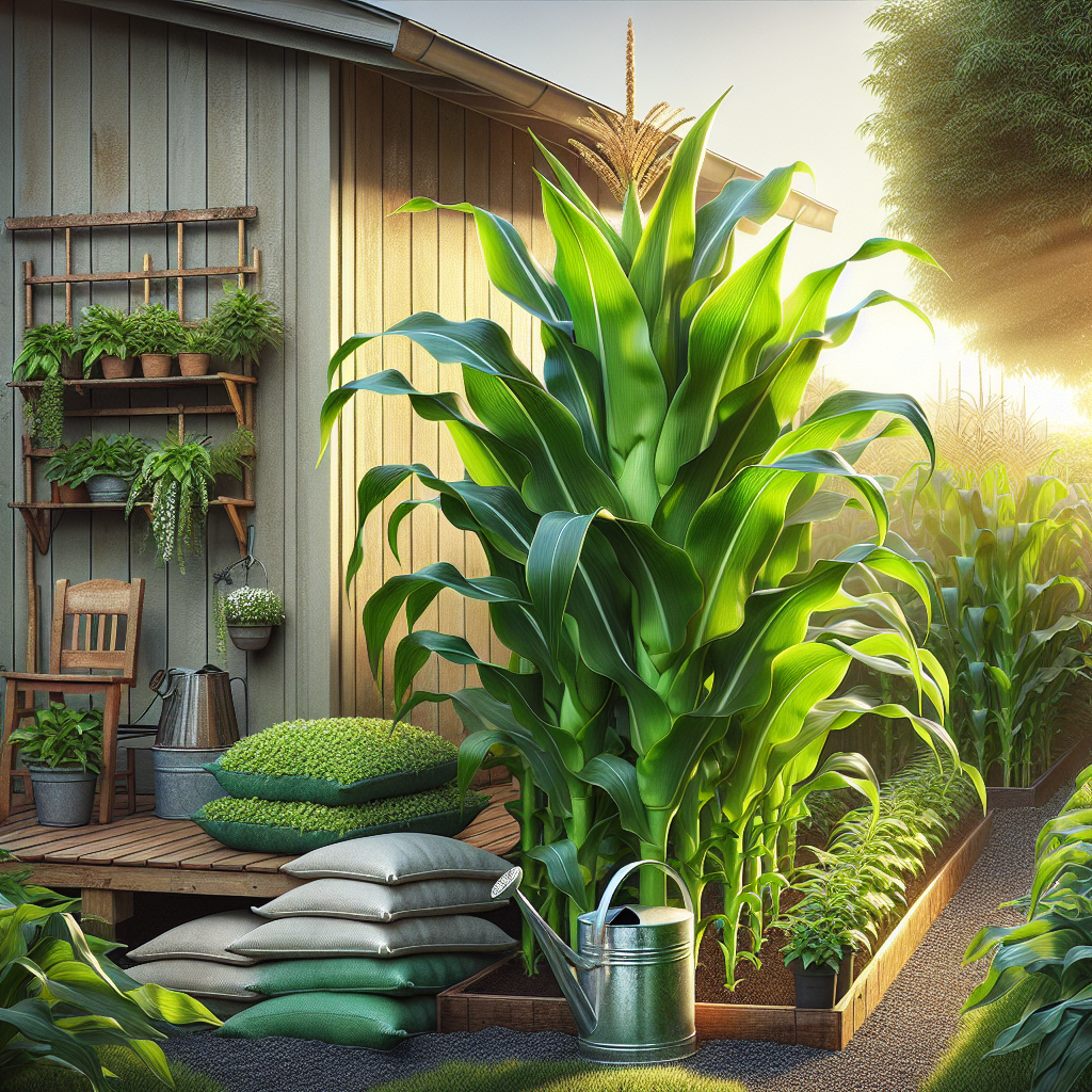 A detailed image featuring lush rows of towering, verdant sweet corn plants thriving in a well-maintained home garden. The plants have large, bright green leaves with a hint of sunlight bouncing off of each leaf. Nearby, one can see a wooden trellis and a pillowy mound of good, nutrient-rich soil ready for planting next to a metallic watering can. The backdrop includes a rustic wooden gardener's shed painted in a neutral color. The scene is bathed in the golden glow of the setting sun. There are not any people, text, brand names, or logos in sight.
