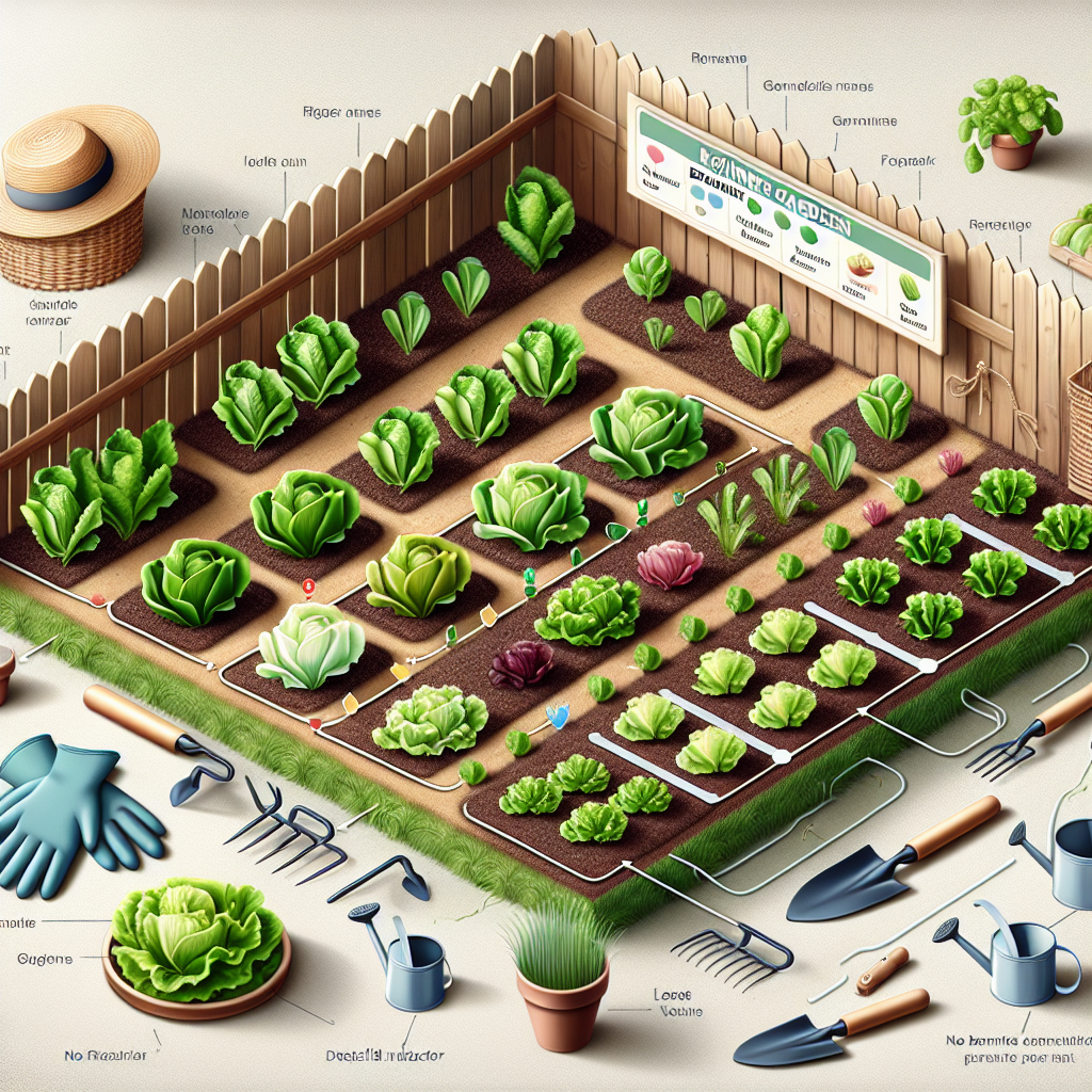 Visual depiction of a beginner's garden focused on multiple varieties of lettuce. The garden is neatly organized with healthy, lush lettuce plants, each representing a different variety such as romaine, iceberg, and leaf. A detailed indicator could highlight the unique characteristics of each variety. The scene also includes gardening tools like gloves, a hand trowel, watering can, and a straw hat, adhering to the requester's preference for no brand names, text, or people inside the image. The image emphasizes the simplicity and joy of home gardening without it being overly complicated or commercialized.