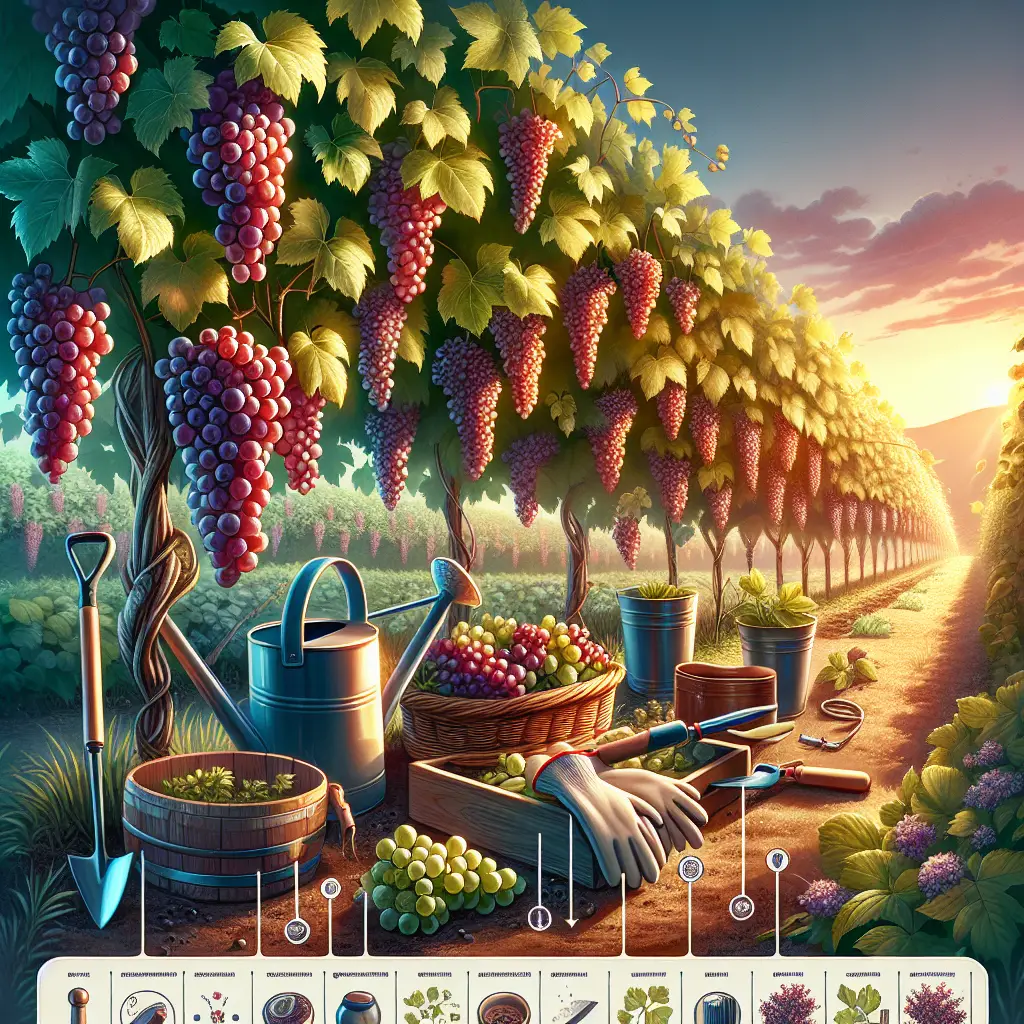A lush garden scenery showcasing bountiful grapevines full of juicy, ripe, sweet grapes. Nestled between the vines, you'll notice a variety of gardening tools such as a watering can, gloves, and a small trowel. The setting sun casts a golden hue over the scene, indicating the perfect climate for grape cultivation. Nearby, a detailed, visual guide represented by small icons points out the grape growing process, from planting seedlings to harvesting mature clusters. Every item and element in the image, including the grapevines and the garden tools, is devoid of any text or brand names.