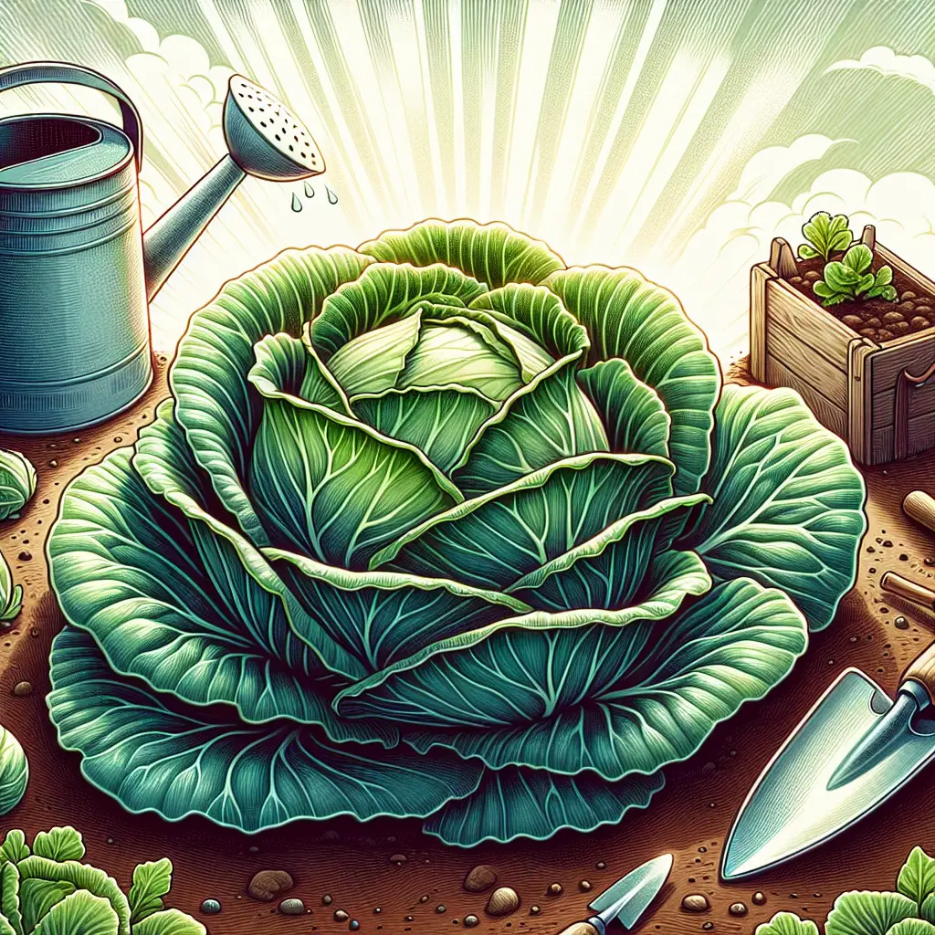 An illustrated guide depicting the essentials of growing healthy cabbage. The scene showcases a well-nourished cabbage patch thriving in the embrace of the sun rays, nestled in rich, fertile soil. In the background, garden tools such as a watering can, gardening gloves, and a small trowel are placed neatly. The focus is solely on the cabbage and the elements related to its growth process, with distinct attention given to detail, emphasizing the health, the vivid green coloring, and the leafy texture of the cabbages. The visual is free of any textual elements, brands or logos, and human presence.