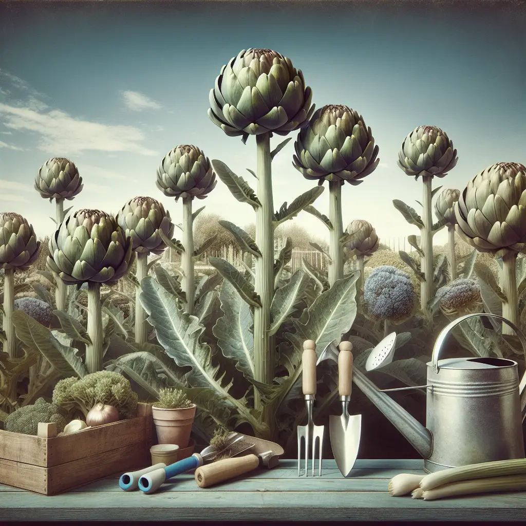 Visualize a lush garden scene dominated by healthy, thriving artichoke plants. Focusing on the rich details, the plants should have large, silvery-green leaves, and globe-shaped flower heads in a gentle state of bloom. Additionally, include common gardening tools such as a watering can and a trowel, neatly lain on the side, signifying human presence without the actual figure. A backdrop of a clear sky provides a perfect setting for the image, but avoid any semblance of text or brand names, in order to keep it purely conversational and informational.