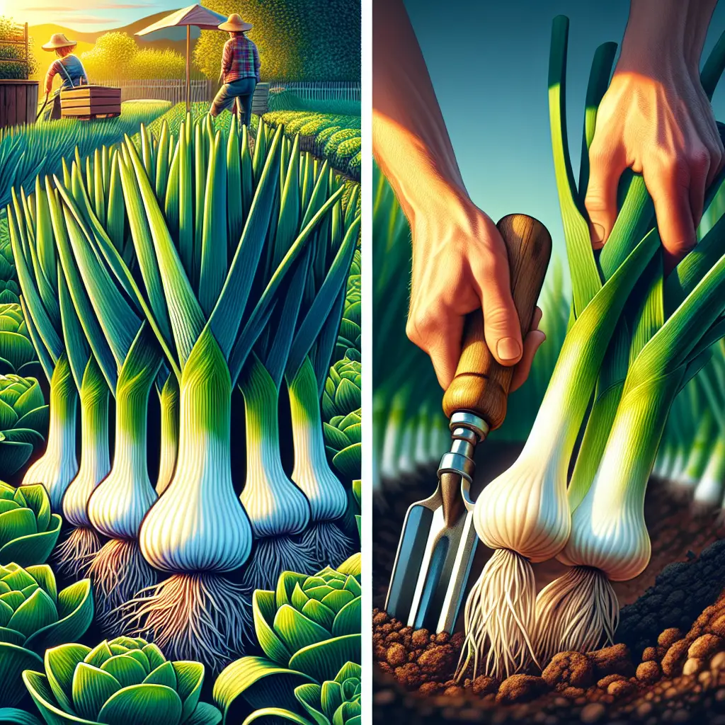 A vivid image showing healthy leeks growing in a garden. The leeks are arranged in neat rows with top leaves vibrant green and strong white stalks visible. Adjacent to this, depict a harvest scene of mature leeks being gently lifted from the soil using a nondescript gardening tool. Evening sunlight is casting a warm glow on the whole scene and enhancing the natural colors, but there are no recognizable brands, logos, or text present.
