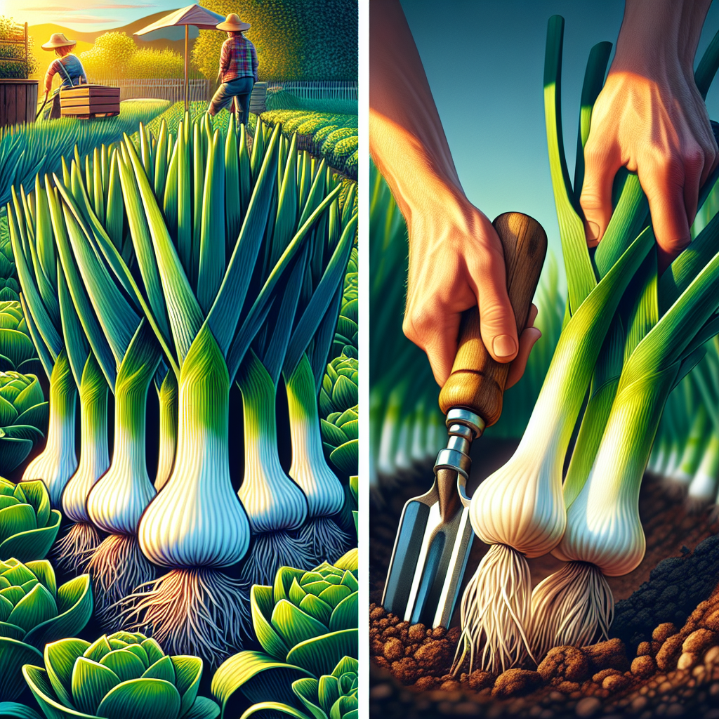 A vivid image showing healthy leeks growing in a garden. The leeks are arranged in neat rows with top leaves vibrant green and strong white stalks visible. Adjacent to this, depict a harvest scene of mature leeks being gently lifted from the soil using a nondescript gardening tool. Evening sunlight is casting a warm glow on the whole scene and enhancing the natural colors, but there are no recognizable brands, logos, or text present.