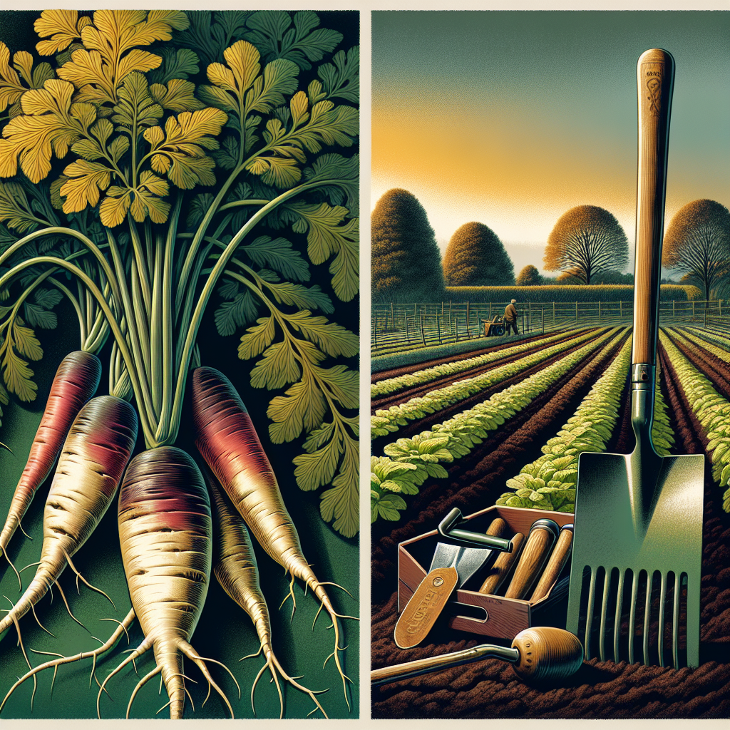 An illustrative image comprising two visual elements: on one side, a vivid depiction of freshly harvested parsnips with their earthly tones and leafy tops; on the other, a close-up view of a gardener's tool set with rustic tools like a lightweight rake and a small, handheld trowel. The tools, importantly, are free of any identifiable brand markings. The background is a serene setting of a fertile garden terrain, with meticulously maintained planting rows of freshly tilled, dark rich soil, ready for cultivation. There are no depictions of human figures or text in the image.