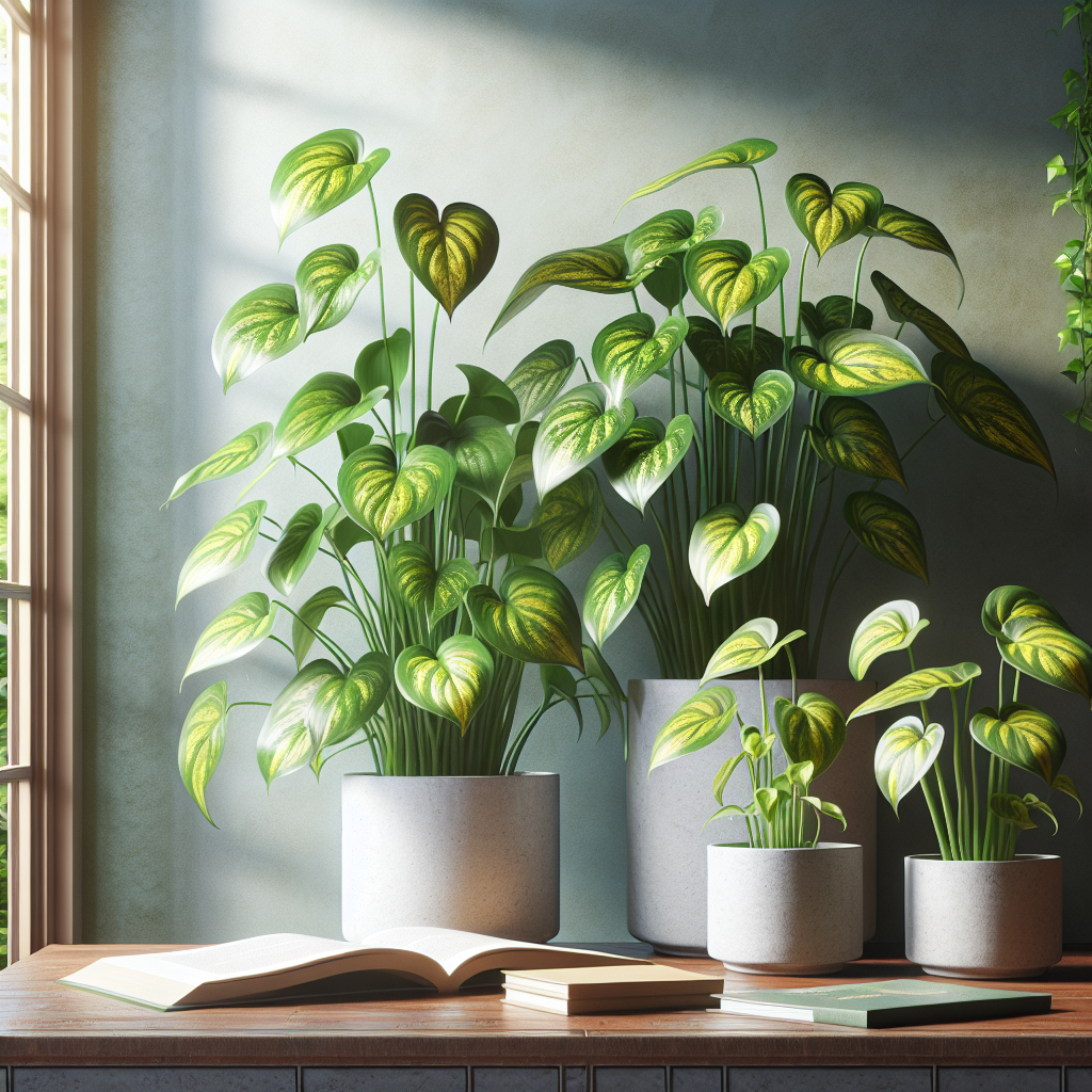 An indoor setting showcasing healthy, lush Golden Pothos plants flourishing in white ceramic pots. Set against a serene backdrop of a muted color wall, these fast-growing vines show off their heart-shaped, marbled green and yellow leaves. The room is filled with natural light, emphasizing the air-purifying properties of these plants. On a wooden table beside them, lies an open book on botany but without visible text. The entire composition exudes a sense of tranquility, demonstrating the potential benefits of indoor greenery without featuring any humans, brand names, or logos.