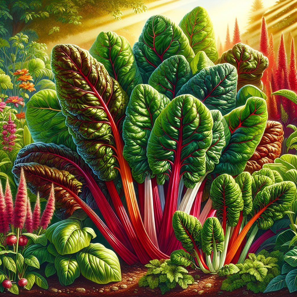 Depict a bountiful garden setting, bathed in warm sunlight, where thick, healthy stalks of Swiss chard are growing in abundance. These leafy green vegetables exhibit vibrant and rich hues, like radiant ruby reds and intense emerald greens. Be sure to illustrate the distinct features of Swiss chard, such as their large, ruffled leaves and robust, multicolored stalks. Create close-ups of plump, juicy chard leaves to represent the nutritional value and freshness. There is no presence of human figures, text, brand names or logos within the scene. Complement the garden with some equally vibrant, but neutrally colored, flowers and insects like butterflies and bees to provide a sense of natural surrounding and biodiversity.