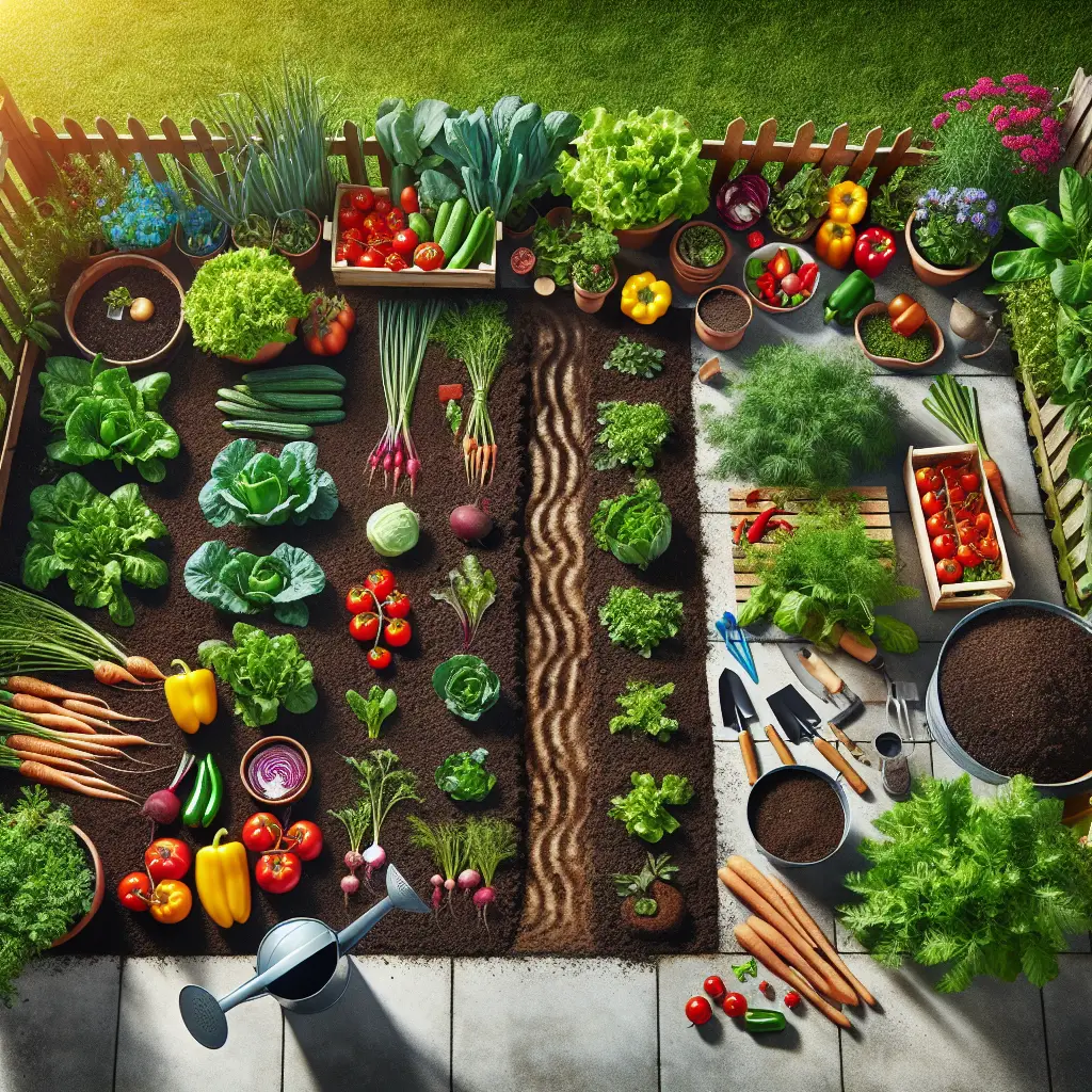 A birds-eye view of a neatly arranged vegetable garden with an array of different green leafy vegetables, ripe tomatoes, bell peppers of various colors, and an array of root vegetables like carrots and beets partially visible from the loose soil. Included is a furrowed planting bed ready for new seeds, a watering can nearby, a trowel, and a pair of gloves laying casually to the side. In the far end of the garden, a compost heap is visible. The garden is surrounded by a low wooden fence. The image is bright, representing a sunny day, and the entire scene is set in a suburban backyard.