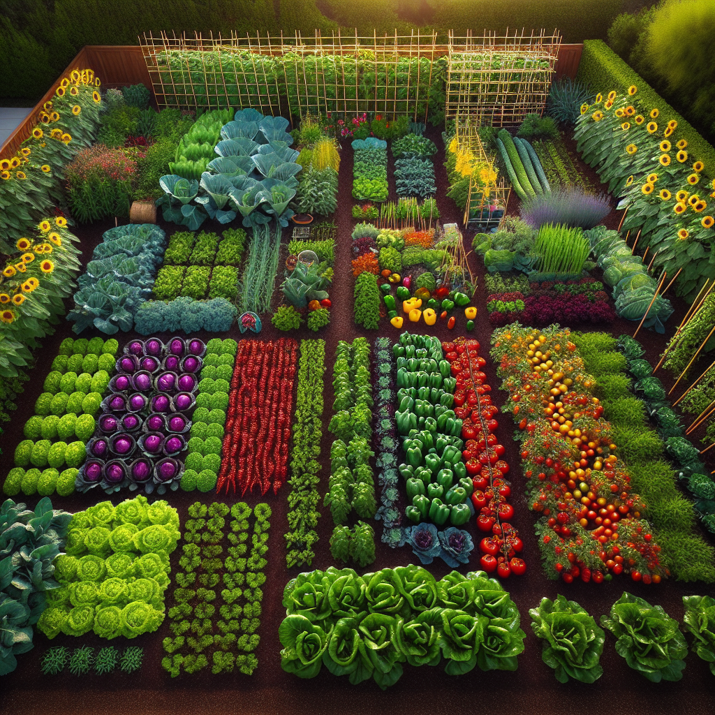 An aerial view of an expansive, thriving organic vegetable garden. The garden is a tapestry with different sections featuring a variety of nutritious vegetables. The furthest left section has rows of tall sunflowers serving as a natural barrier. The next section features lush green lettuce, followed by a section of vibrant red tomatoes on vines with supportive bamboo stakes. There's also a section of purple cabbages adding a pop of color. The adjacent section features long rows of yellow bell peppers, with glossy skins reflecting the sunlight. On the rightmost, vertical trellis supporting climbing green beans. The soil is rich and dark, well-tended with evident mulch coverings. The entire scene radiates health and abundance, emblematic of effective organic gardening techniques.