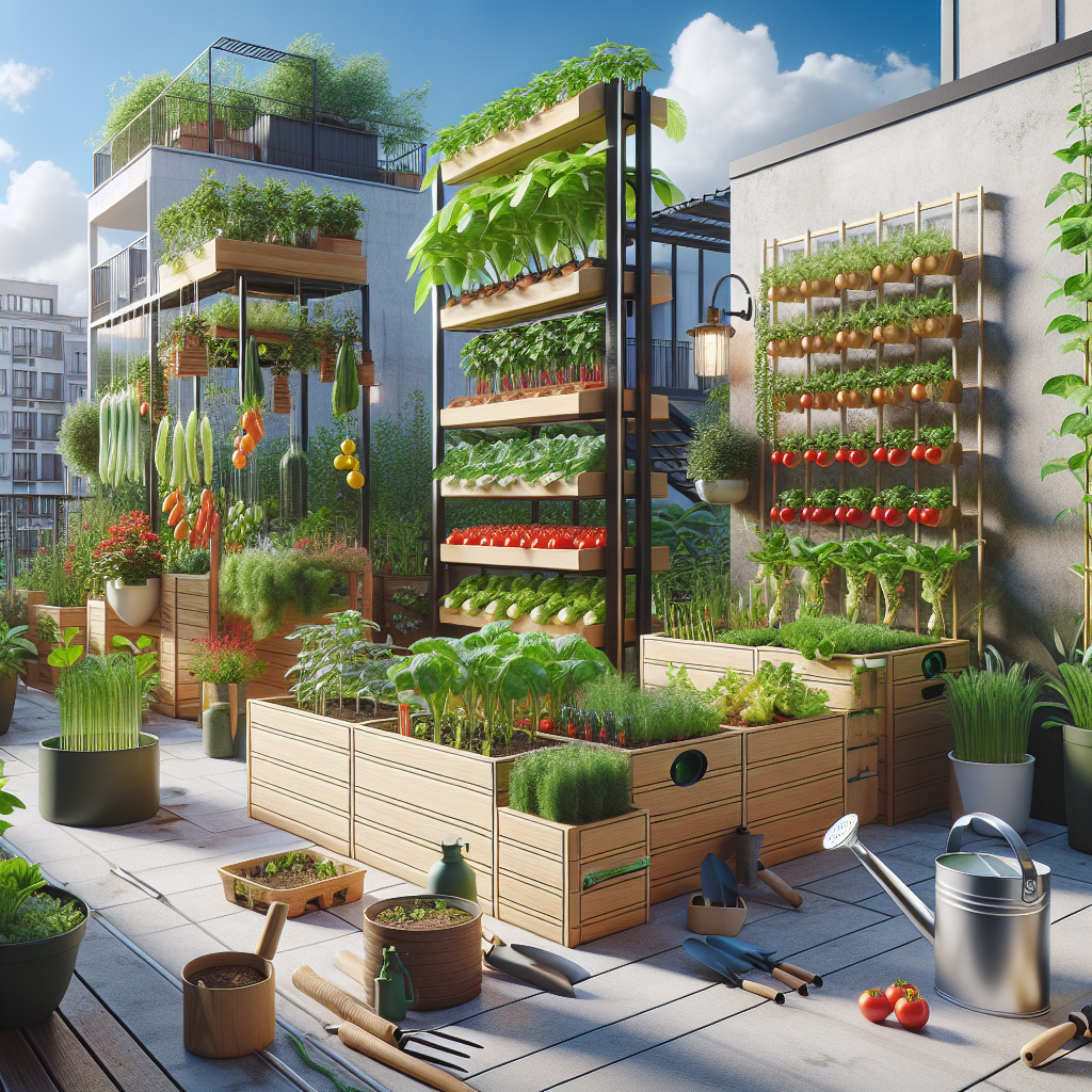A well-optimized small urban garden space on a nice sunny day. The scene showcases high planters with an assortment of vegetables like tomatoes, carrots, and lettuce, thriving despite the limited area. Vertical garden structures efficiently utilize the airspace with hanging plants like cucumbers, and beans growing upwards climbing on trellises. Rooftop gardening with raised beds can be seen in the distance. There are no people, text, or brand logos present in the scene. Various gardening tools like trowels and watering cans lay around, adding a touch of authenticity. The layout and techniques used here represent clever maximization of small spaces for urban vegetable gardening.