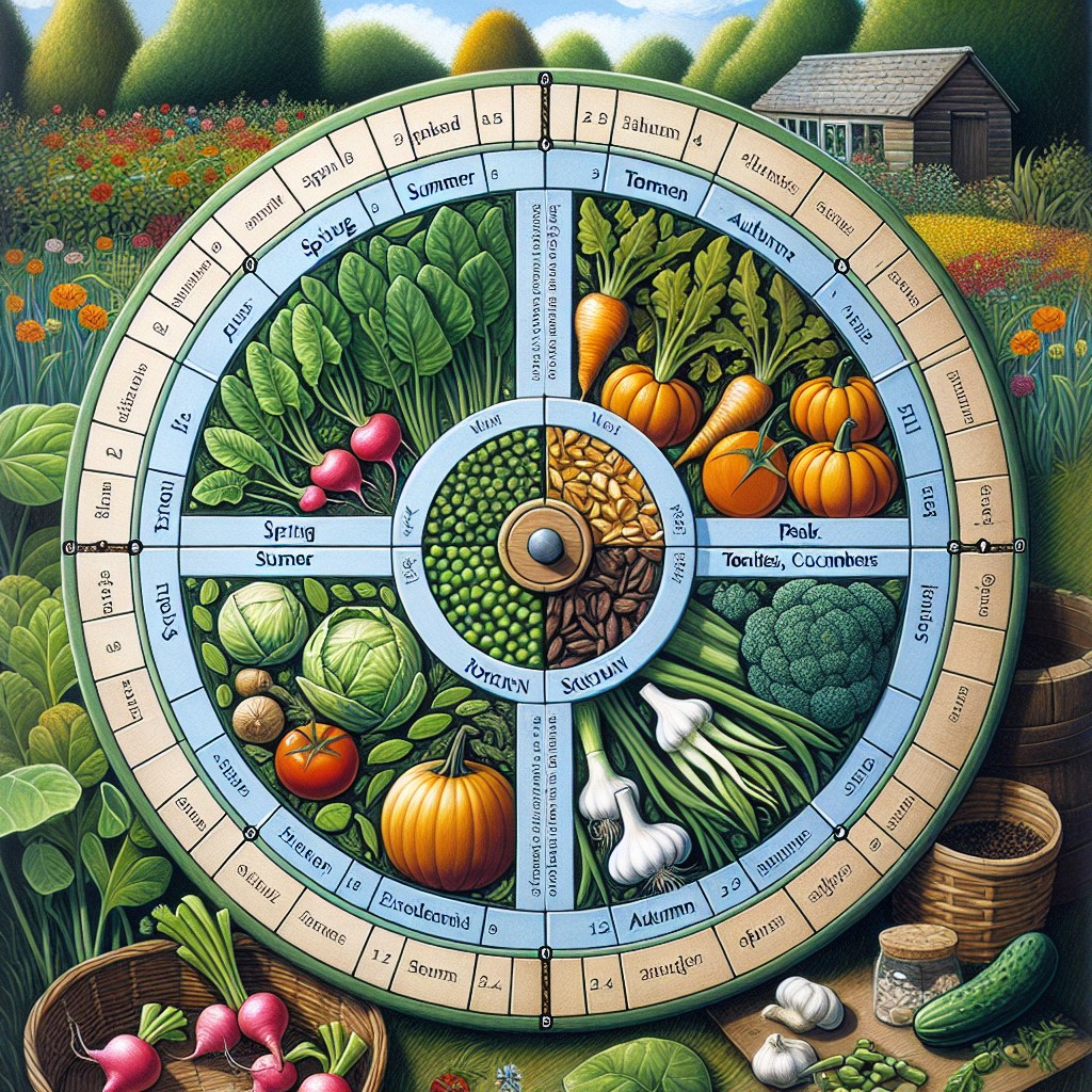 A wheel-shaped calendar denoting four separate segments representing four different seasons- spring, summer, autumn, and winter. Each segment is filled with illustrations of different vegetables suitable for growing in each respective season. Spring segment includes lettuce, radishes, and peas, Summer includes tomatoes, cucumbers, and beans. Autumn features pumpkins, turnips, and kale, whereas winter holds the display for onions, garlic, and spinach. The background is a garden scene with different vegetables growing; however, there are no people, no text, and no branding anywhere.