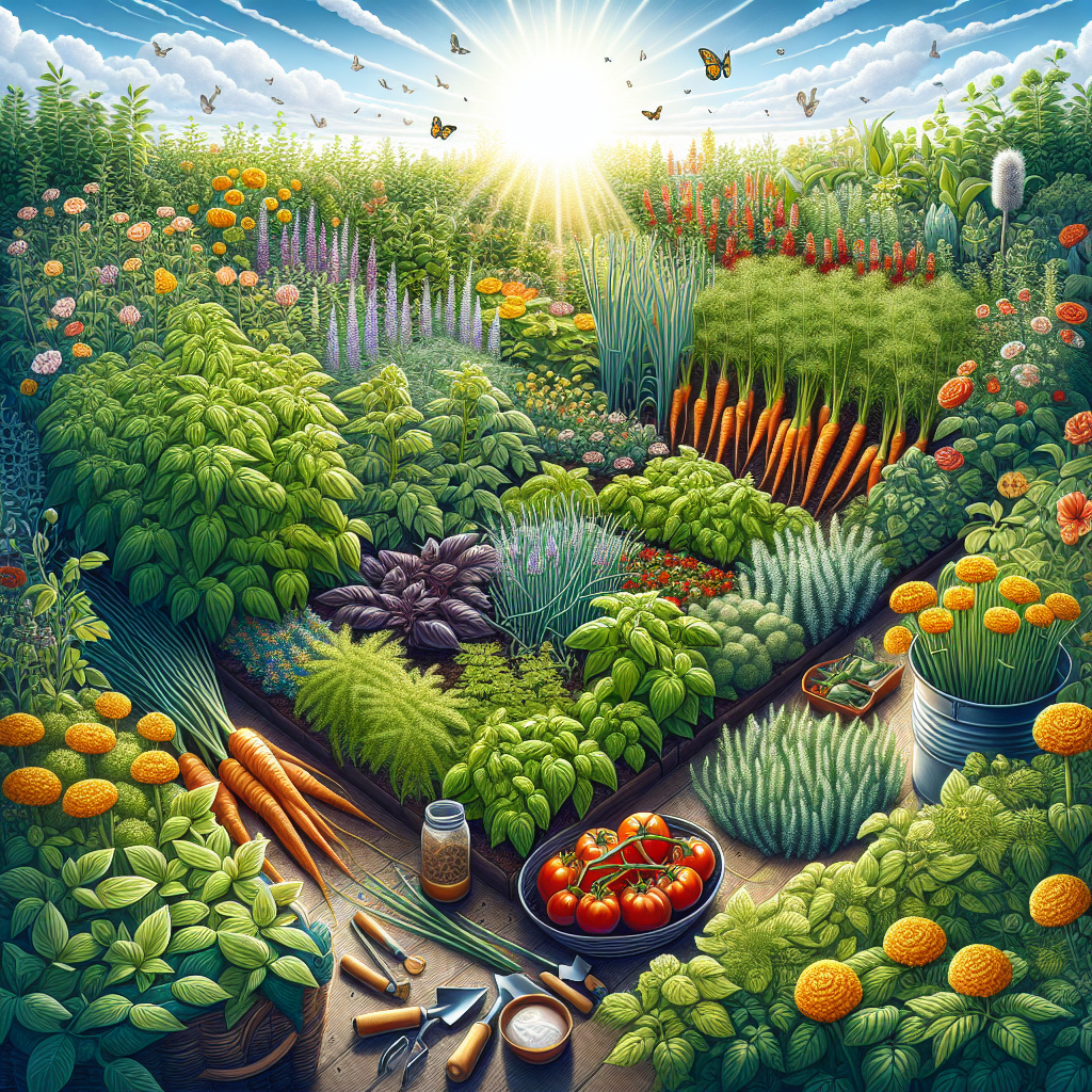 A visual representation of a lush vegetable garden. It's filled with a biodiversity of plants such as tomatoes intertwined with basil, carrots adjacent to chives, marigolds scattered around to deter pests, all indicating efficient companion planting strategies. The garden appears in full bloom under a bright summer sky. The plants are vibrantly healthy, demonstrating the effectiveness of companion planting. Horticultural tools like a watering can and trowel are off to the side, evidencing the gardener's active involvement. The image does not contain any text, brand names, or people.